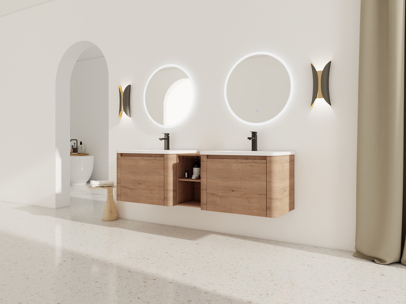 68″ Wall-Mount Bathroom Vanity w/White Ceramic Sink Door Plywood Storage Cabinet
