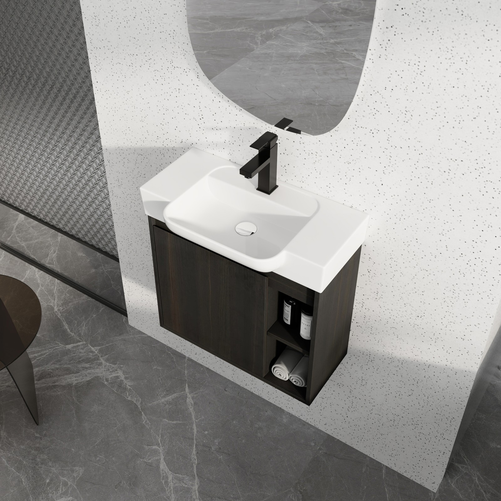 24″ Plywood Wall-Mounted Bathroom Vanity Cabinet W/ White Ceramic Sink Dark Oak
