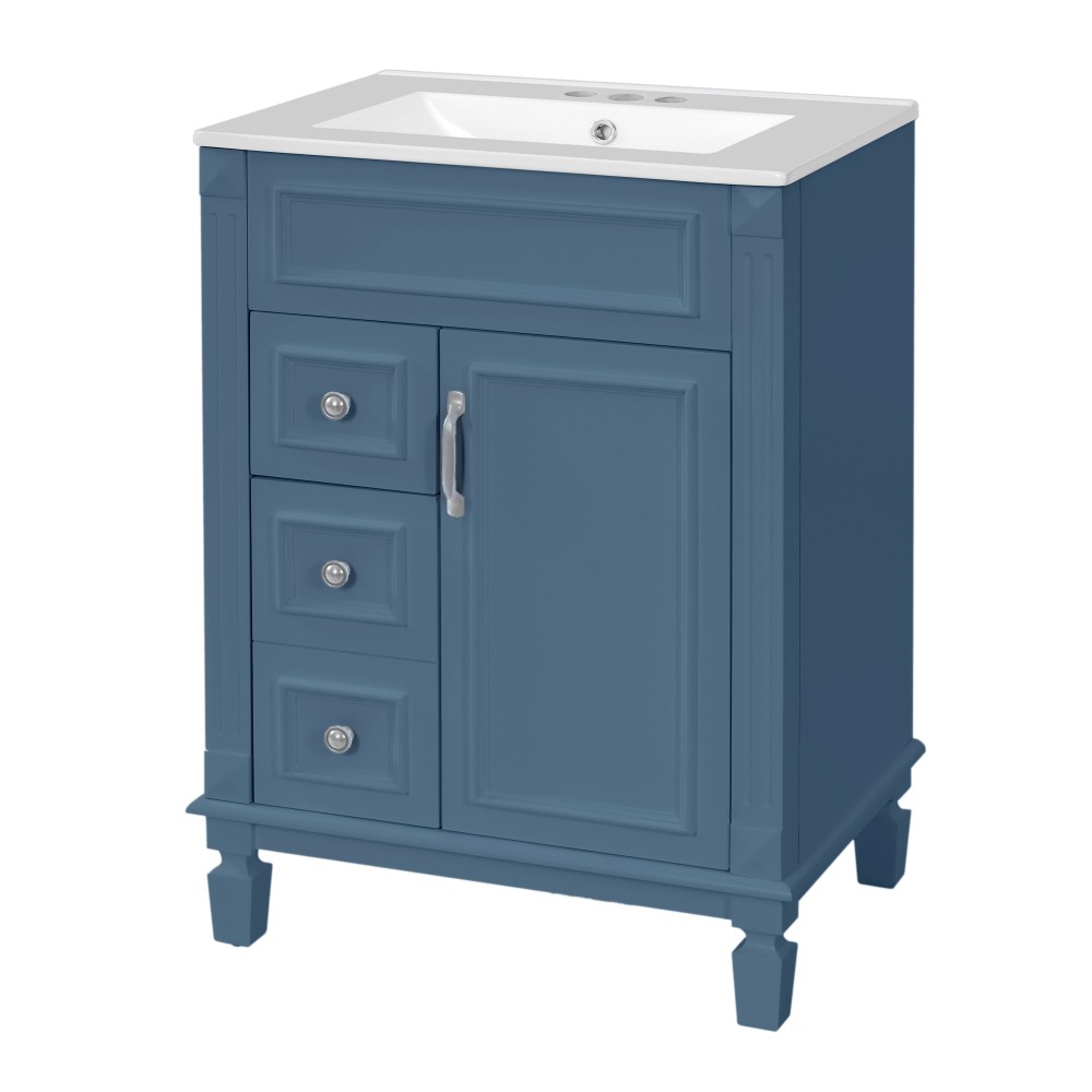 24 Inch Modern Blue Bathroom Vanity with Ceramic Sink Solid Wood MDF Cabinet