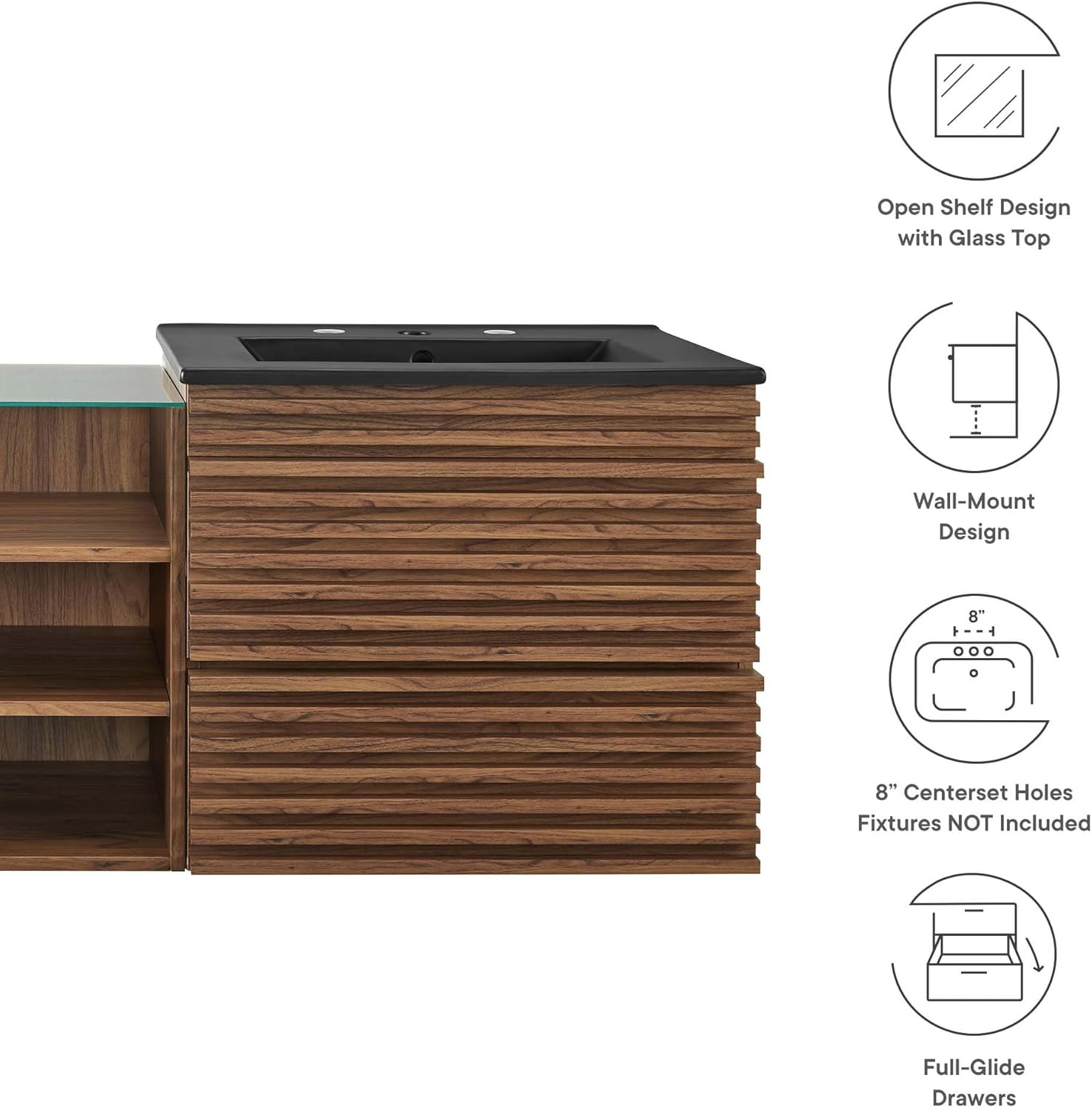 62″ Mid-Century Modern Floating Bathroom Vanity with Double Sink in Walnut Black