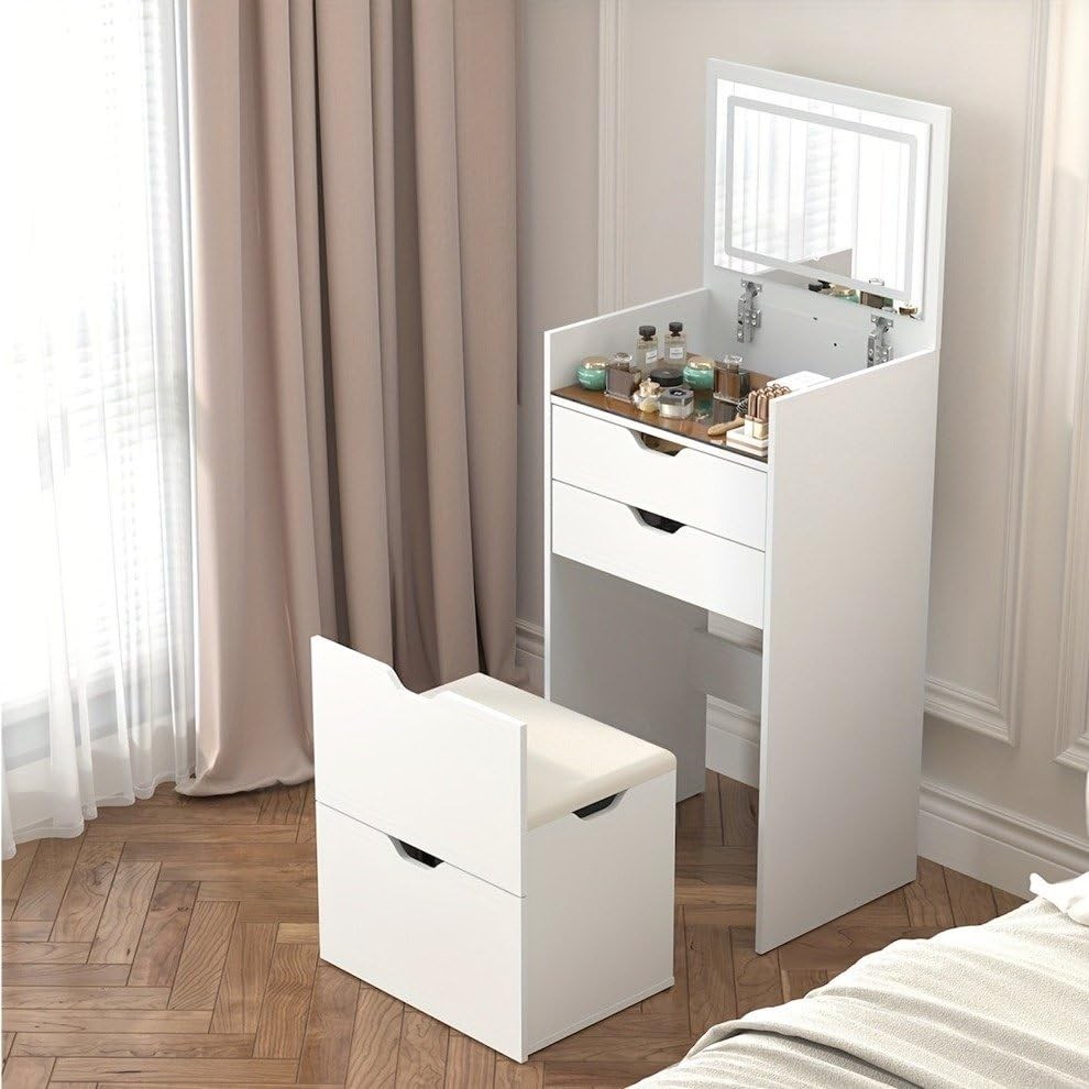 3-in-1 Vanity Desk Set with Mirror Stool LED Lights Drawers Hidden Storage White