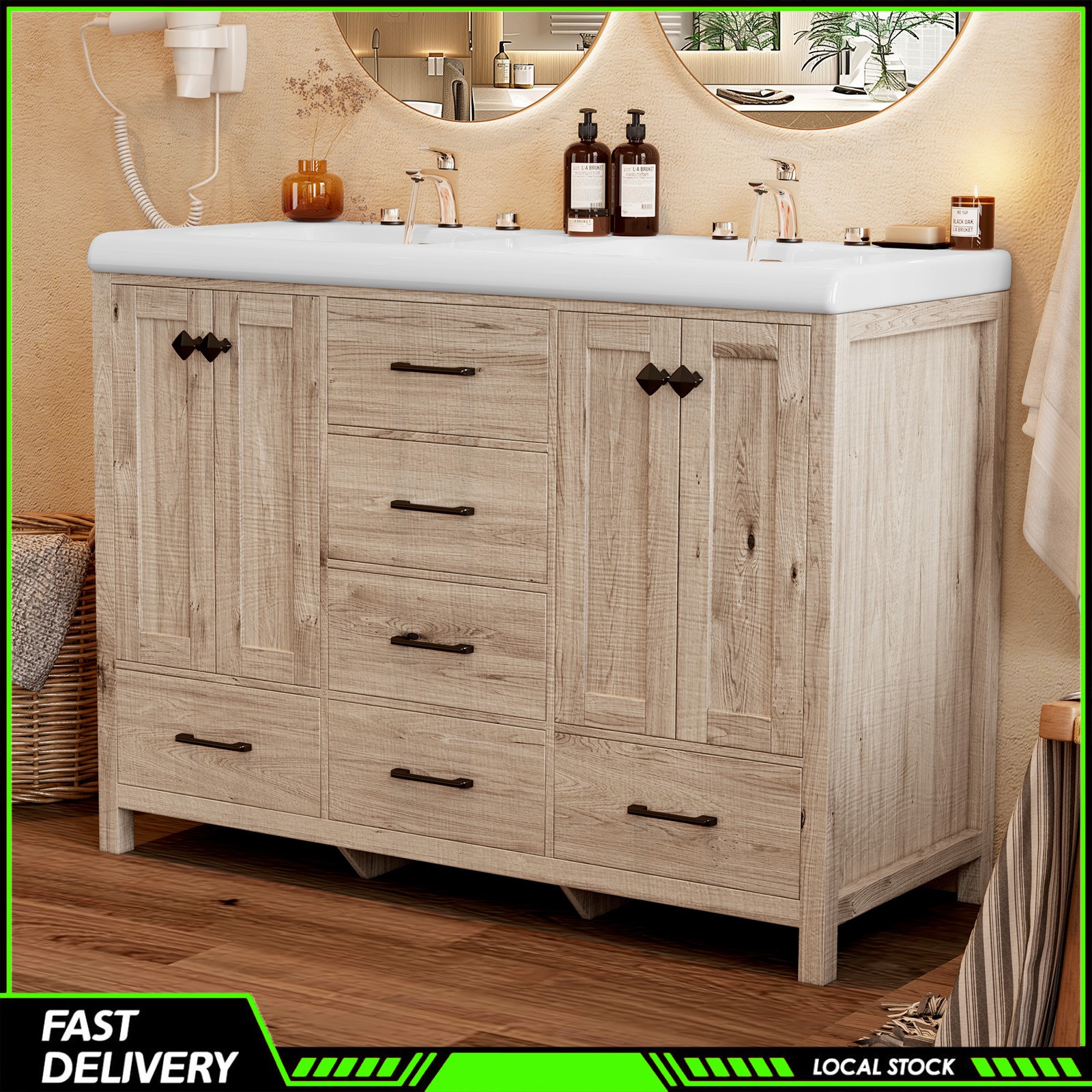47 Inch Durable Bathroom Vanity Double Ceramic Sinks Cabinet with Doors &Drawers