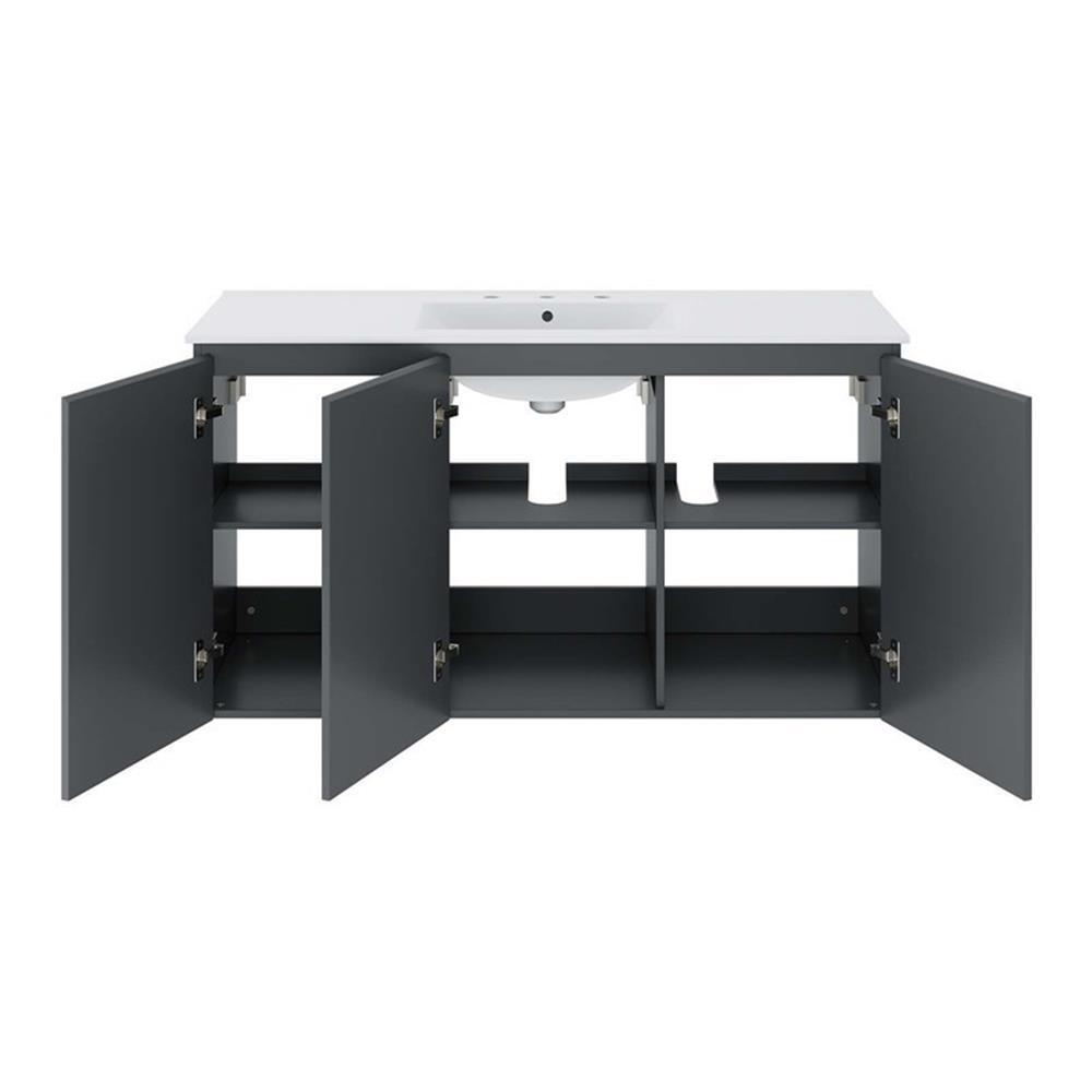 Modway Bryn 48″ Modern Wood/Ceramic Wall-Mount Bathroom Vanity in Gray/White
