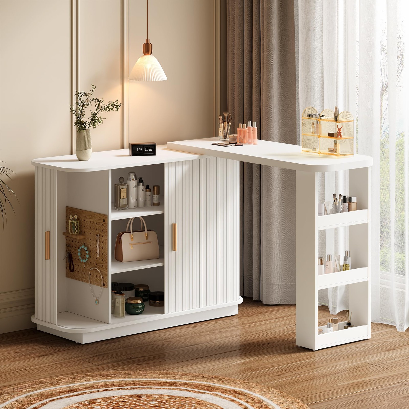 68″ Extendable L-Shaped Corner Makeup Vanity Desk Sliding Door White Fluted