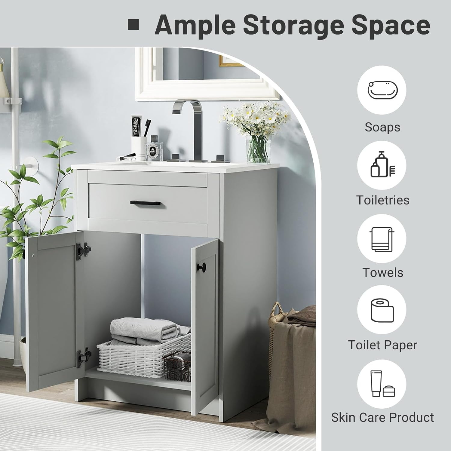 Modern 24” Bathroom Vanity with Undermount Sink & Storage Cabinet Combo