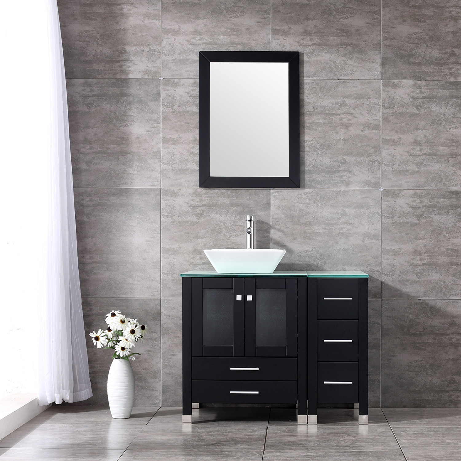 36” Black Bathroom Vanity Cabinet Ceramic Vessel Sink Bowl Top w/ Mirror Combo