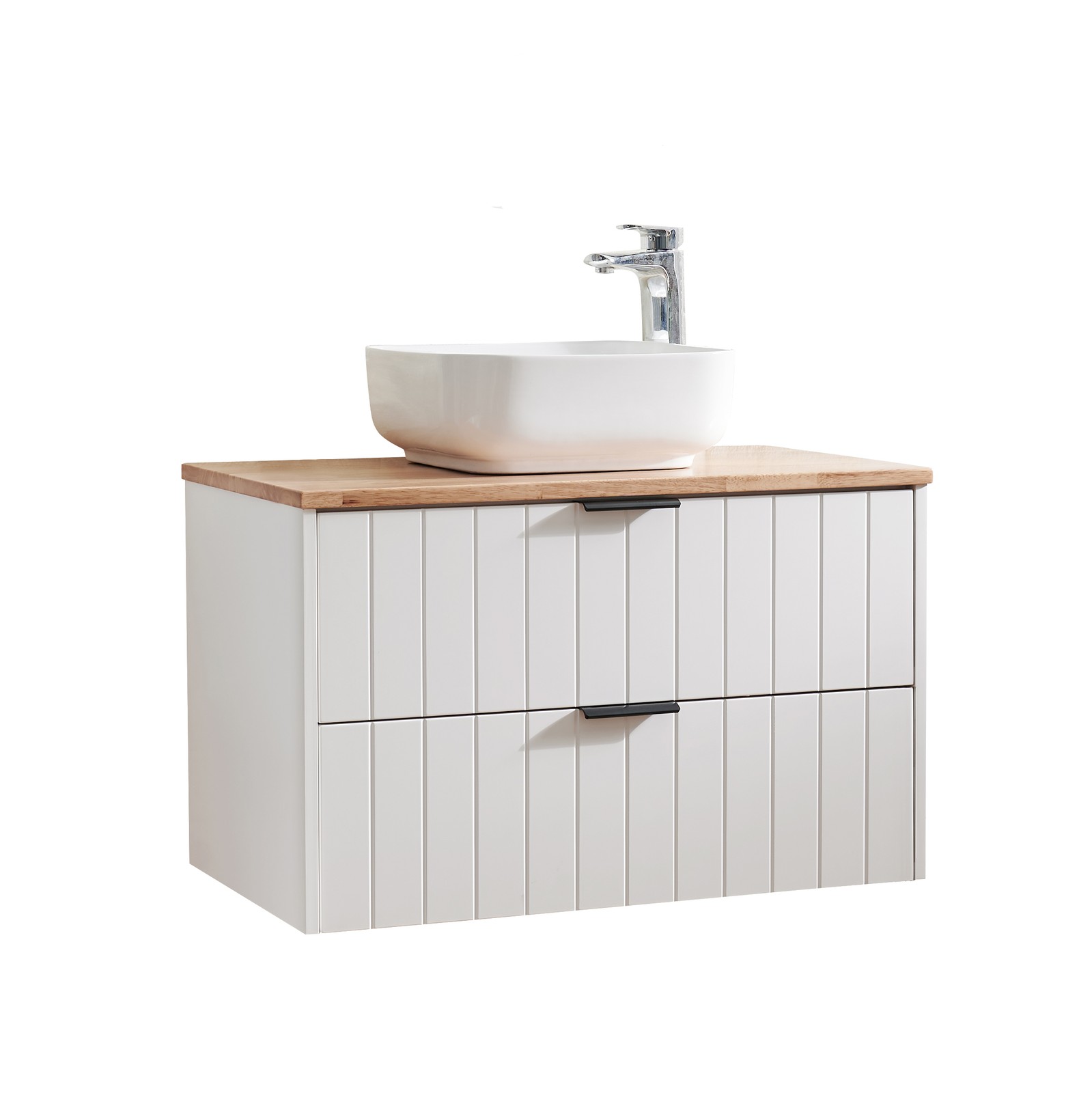 32″ Double Drawer Wall-Mounted Bathroom Vanity,White Cabinet w/Ceramic Sink