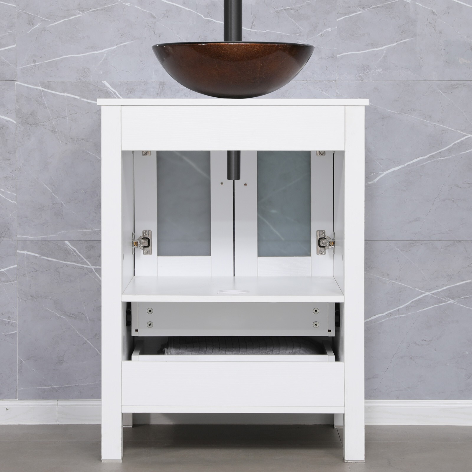 24″ White Bathroom Vanity Set W/Glass Vessel Sink Faucet Mirror Cabinet Combo