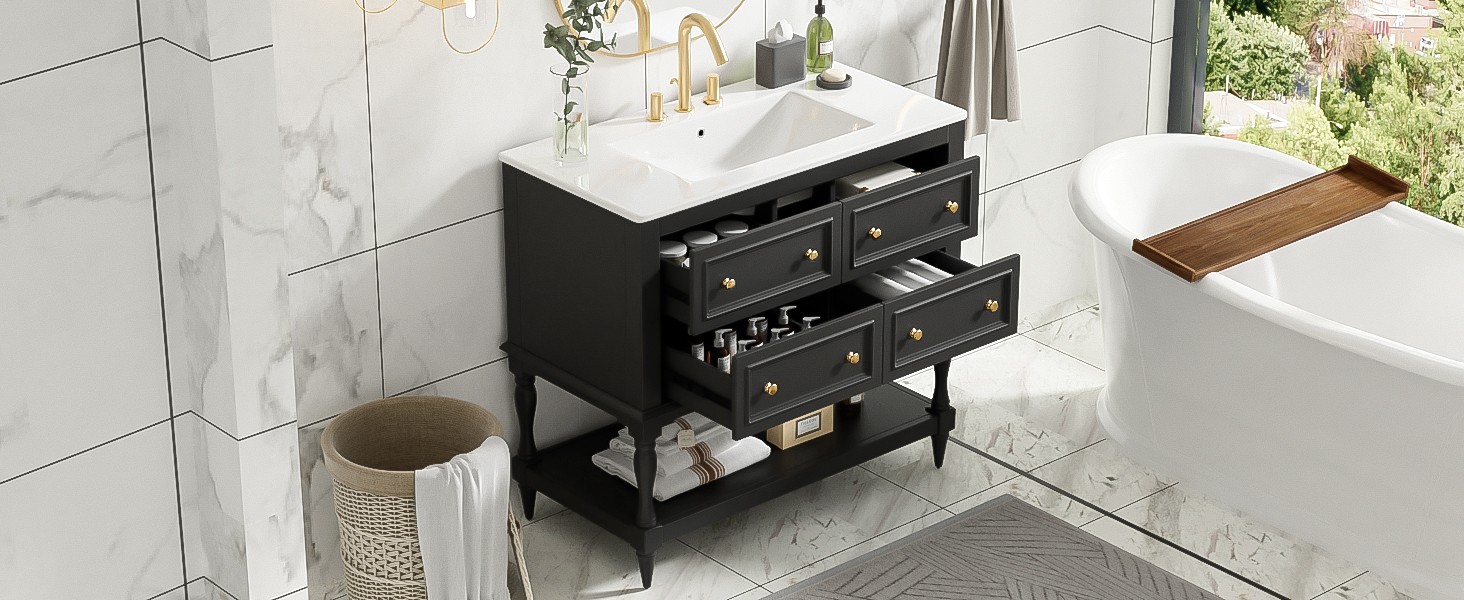 36″ Bathroom Vanity Cabinet with Sink Combo Set, 4 Drawers, Black