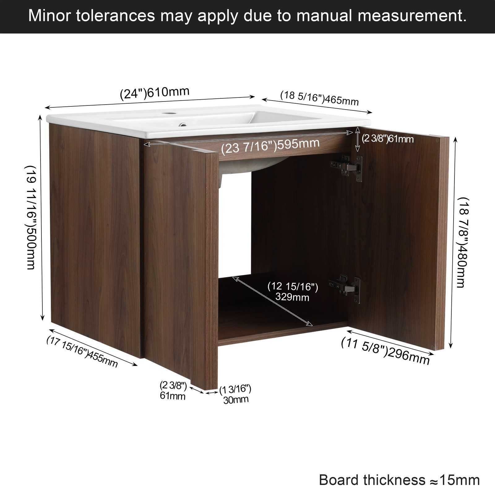 24″ Floating Bathroom Vanity with Sink, Brown Ebony Cabinet, Soft-Close Doors