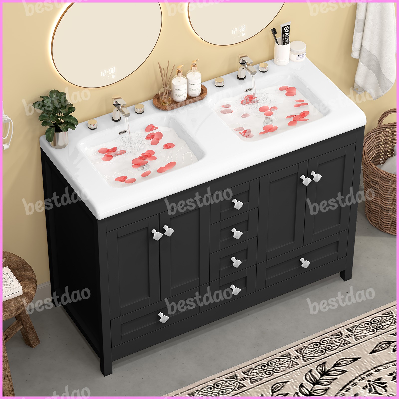 47″ Black Bathroom Vanity Cabinet w/ Double Ceramic Sinks & 2 Doors & 6 Drawers