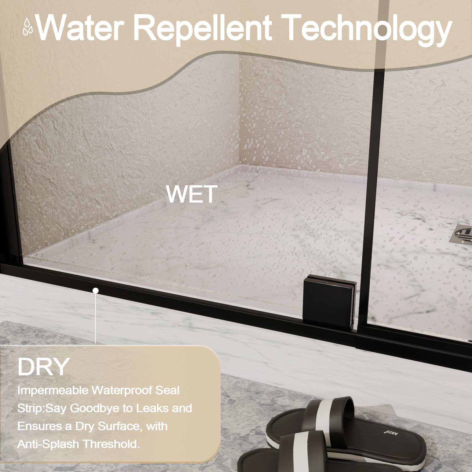 Semi-Frameless Pivot Hinged Shower Door 44-48″W x 72″H Matte Black