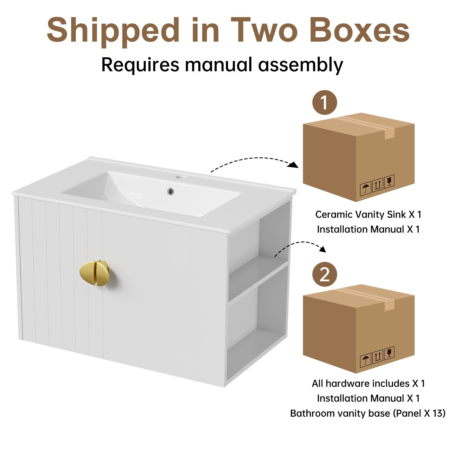 30″ Wall Mounted Bathroom Vanity Cabinet with Ceramic Sink & 2 Doors White