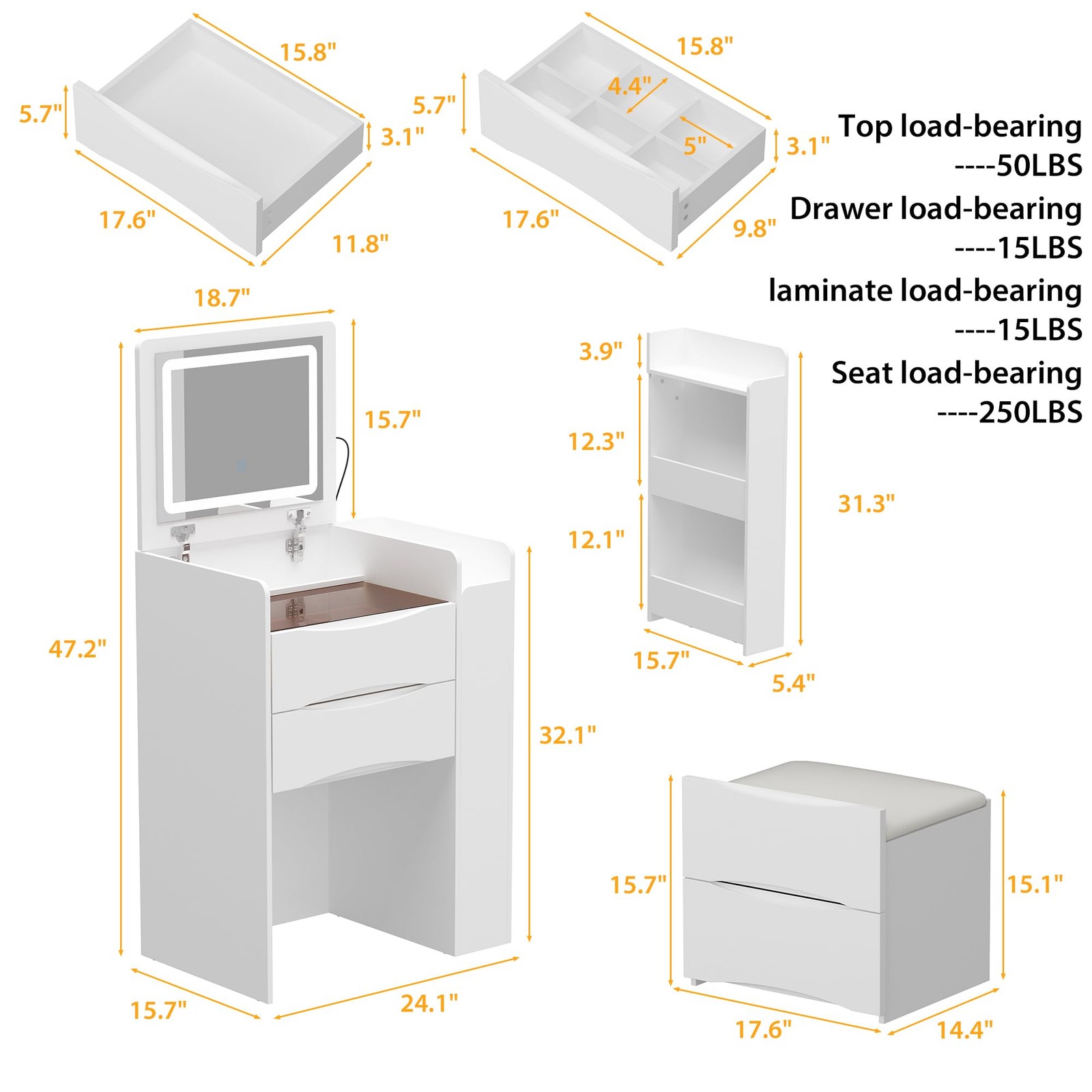 White Vanity Set with LED Mirror 3-Tier Shelf Stool Drawers Organizer Glass Top
