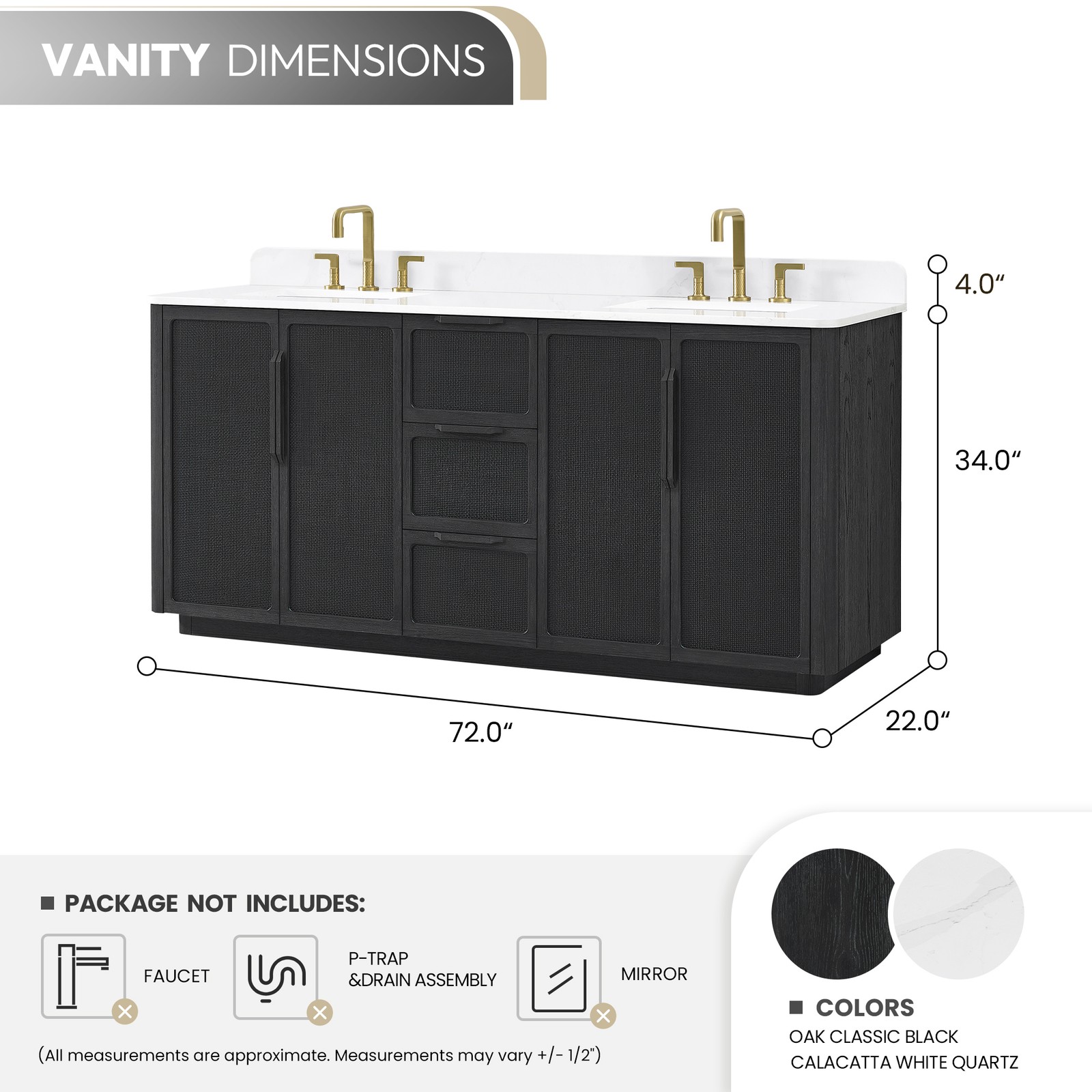 Busan 72″ Double Bath Vanity in Oak Classic Black with White Quartz Stone Top