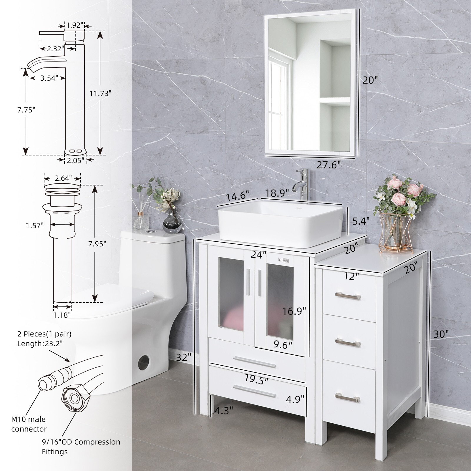 72 inch Bathroom Vanity Set Side Table Ceramic Vessel Sink No Mirror Combo