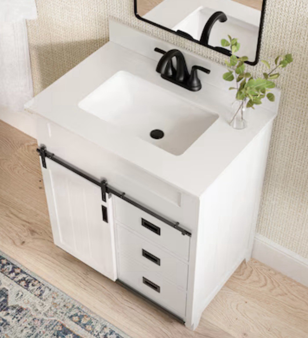Style Selections Morrison 30-in BR Vanity White Marble Top Barn Door #5430865