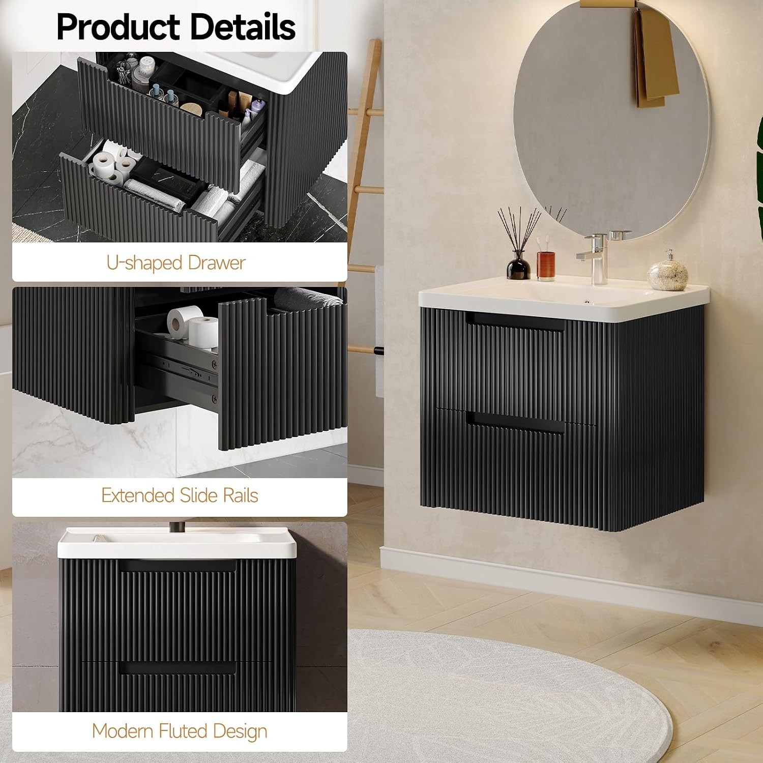 Modern Bathroom Vanity W/ Sink Combo Curved Floating Bath Vanity W/ 2 Drawers