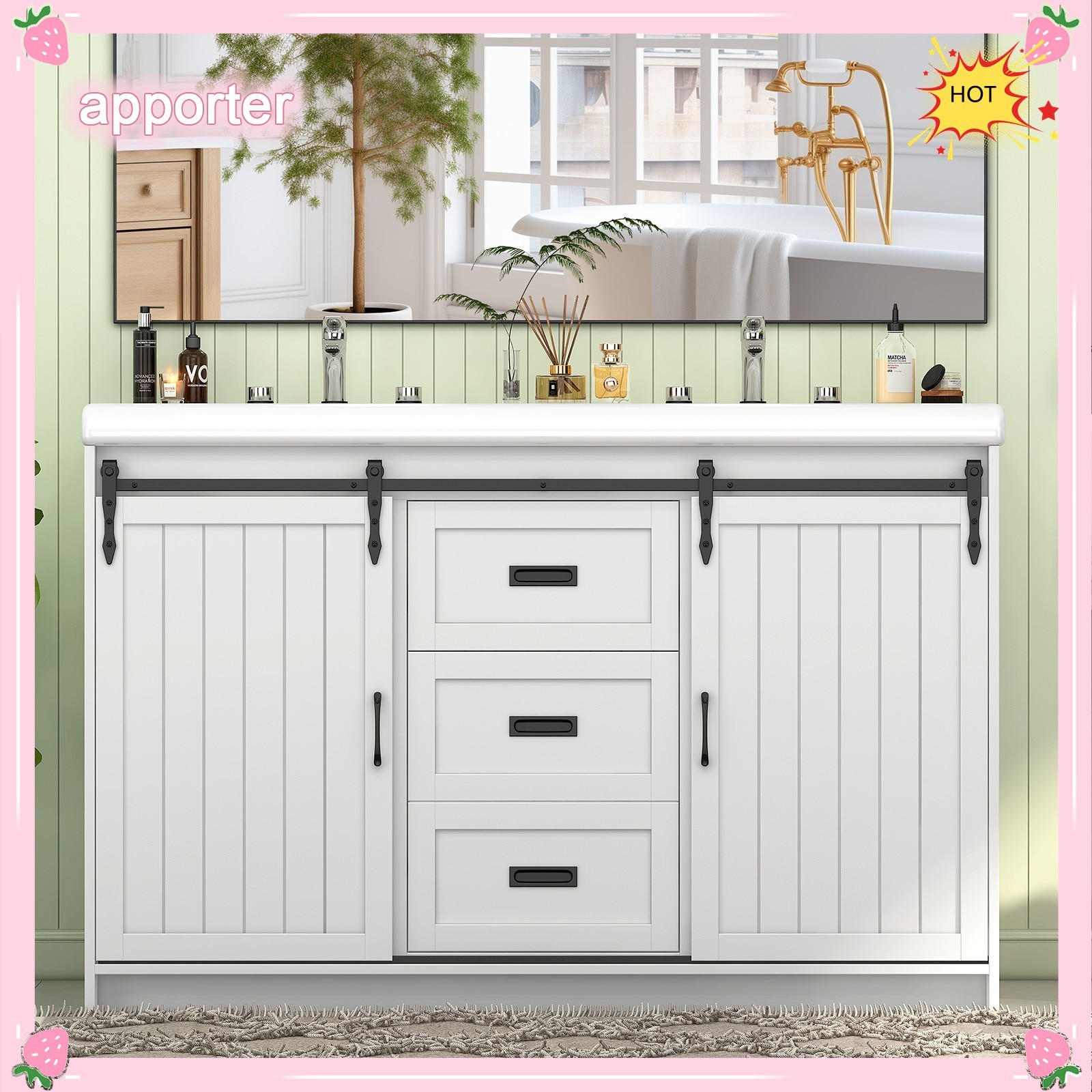 Bathroom Vanity with Double Sink Cabinet Ceramic Basin & 2 Drawers +2 Doors USA