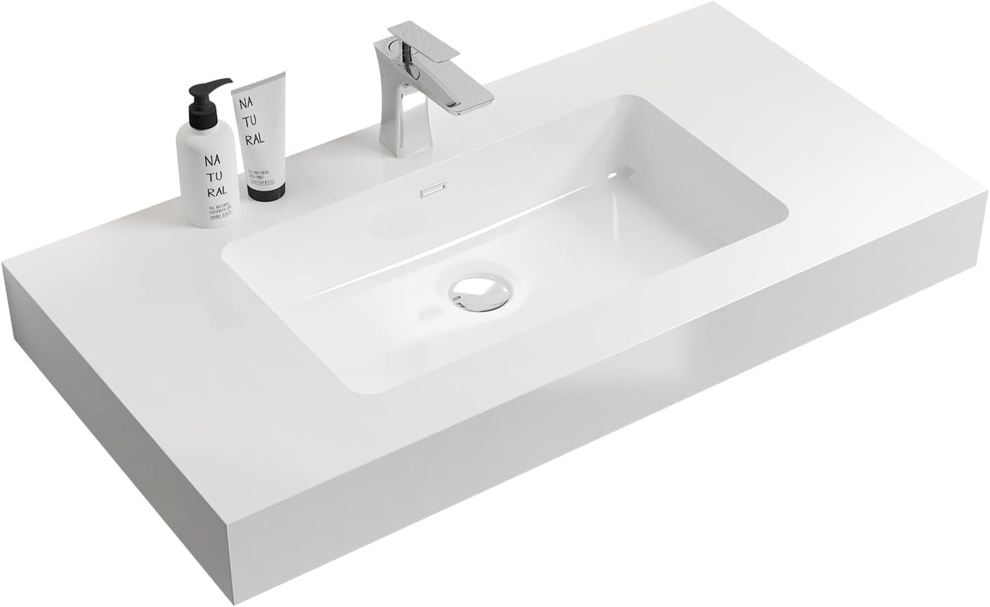 36 inch Integrated solid surface basin drain and faucet not included, glossy