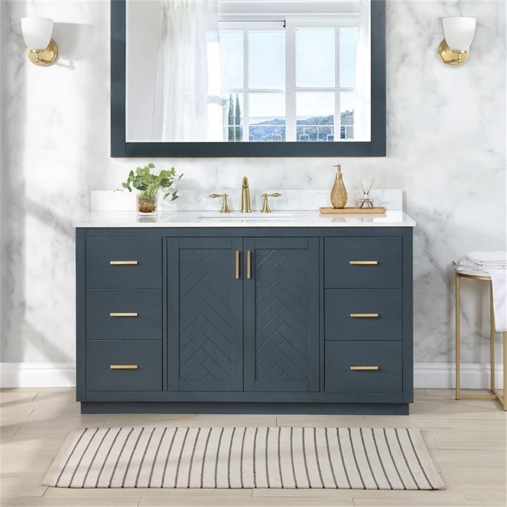 Pemberly Row 60″W Wood Vanity – Classic Blue with Composite Stone Top