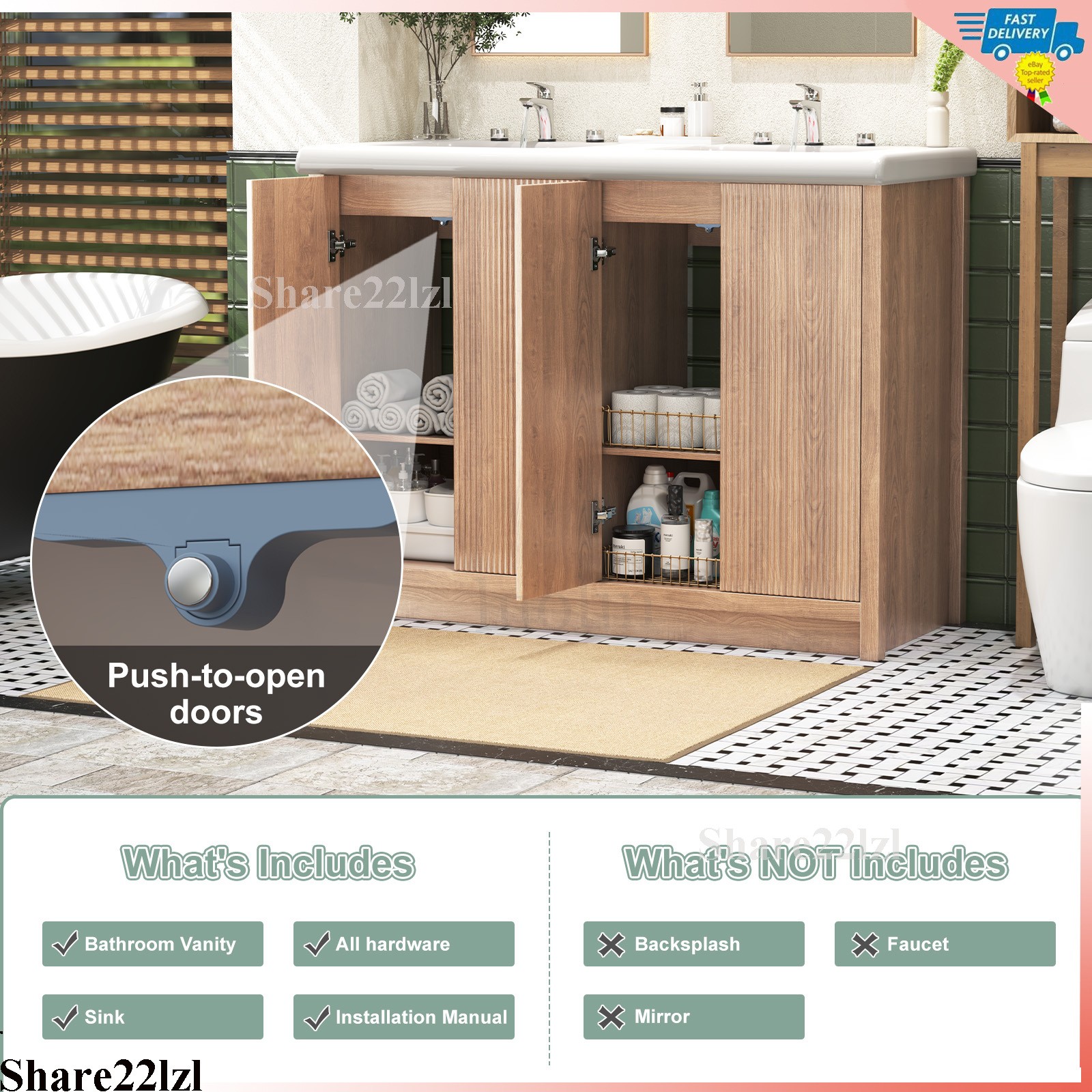 47″ Bathroom Vanity with Double Ceramic Sink, Modern Storage Cabinet with Doors