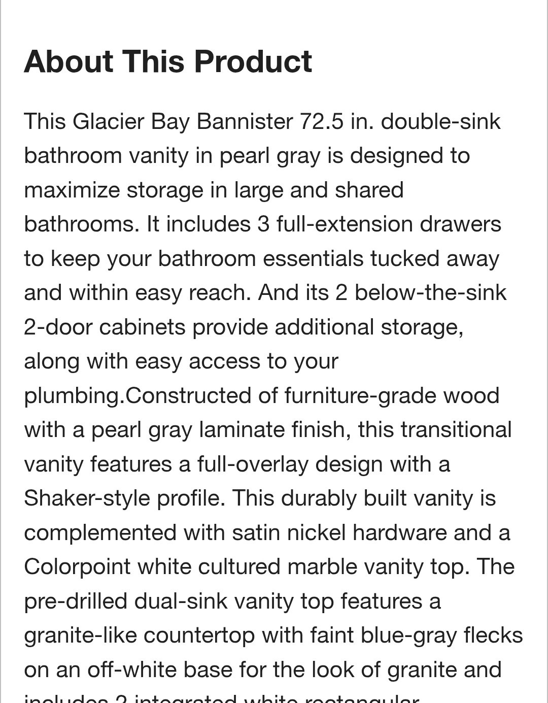 ✨️ Glacier Bay Bannister 73 in. Double Sink Pearl Gray Bath Vanity with Granite-