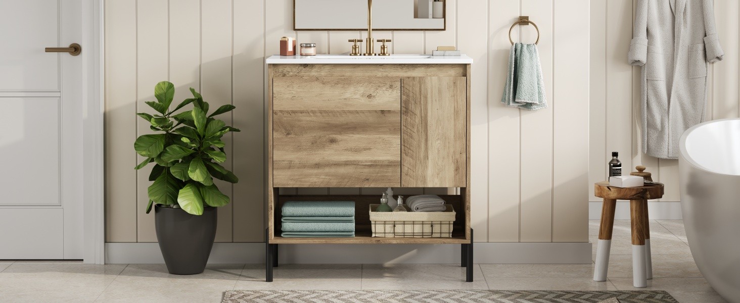 30″ Modern Wood Bathroom Vanity w/Ceramic Sink Bathroom Storage Cabinet，Drawer