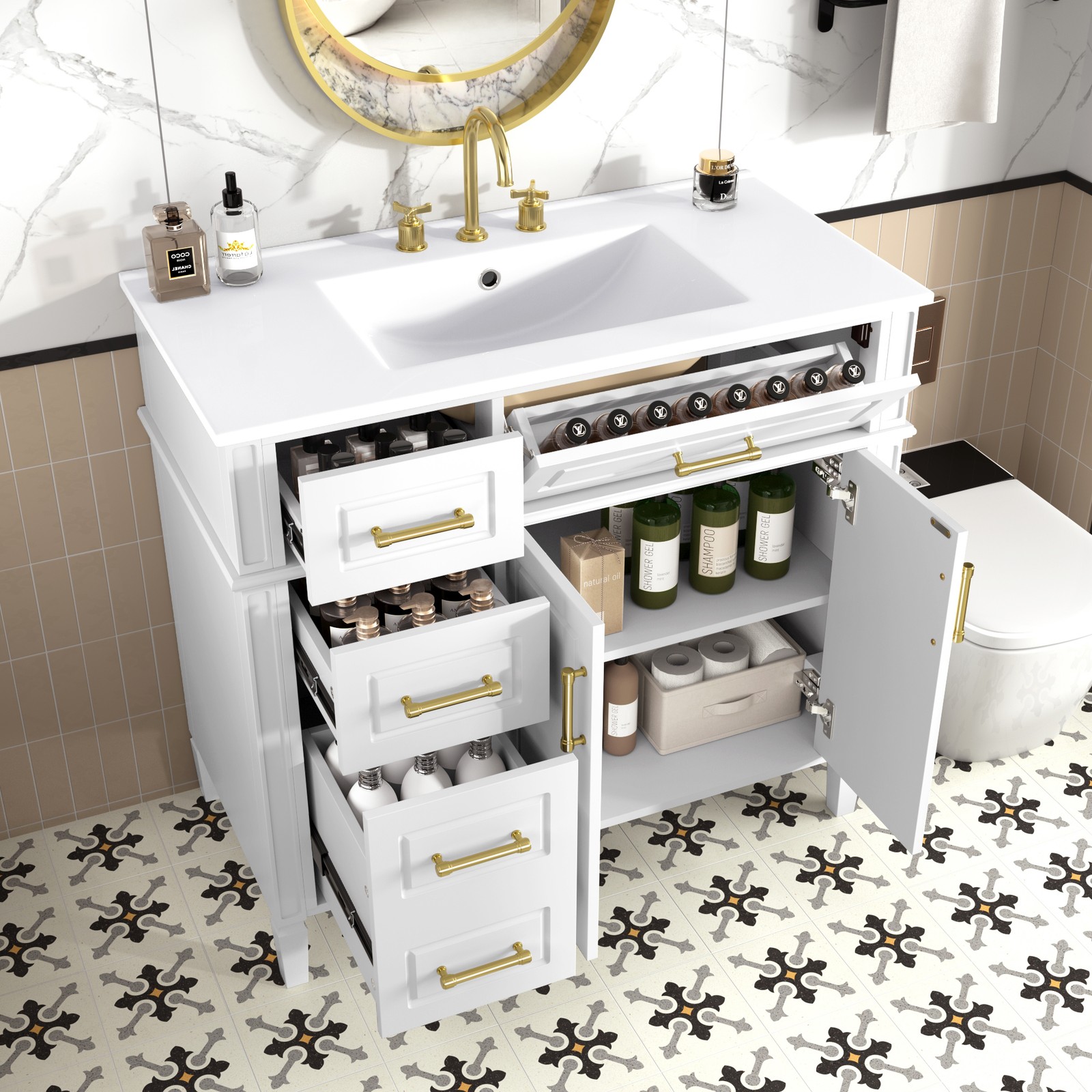 Bathroom Vanity w/Ceramic Sink,Wood Storage Cabinet w/Drawers &Adjustable Shelf