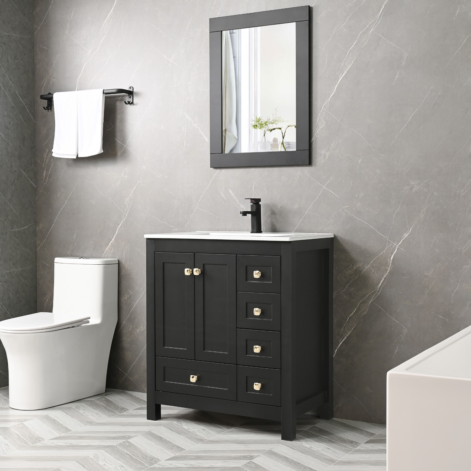 Eclife 30″ Bathroom Vanity Cabinet Set Drop in Ceramic Sink faucet drain mirror