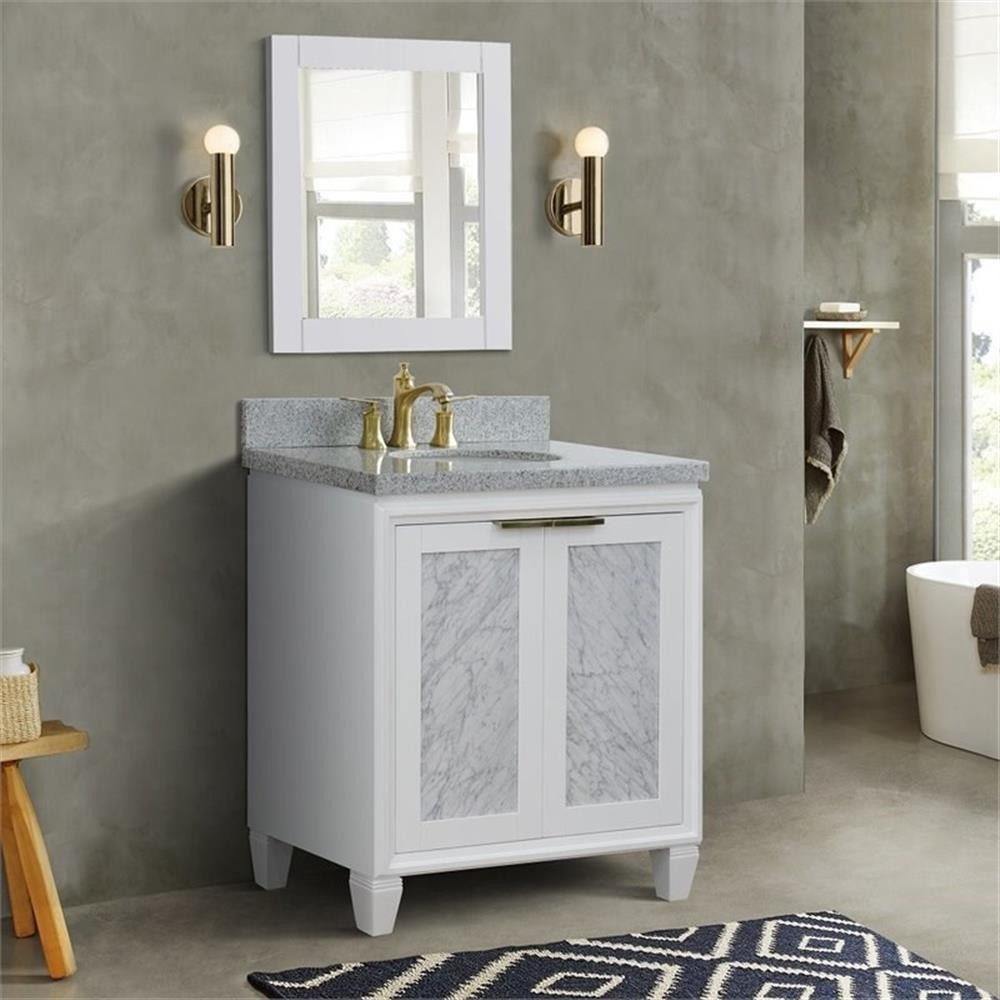 Trento 31″ Single Oval Sink Solid Wood Vanity in White/Gray Granite Stone