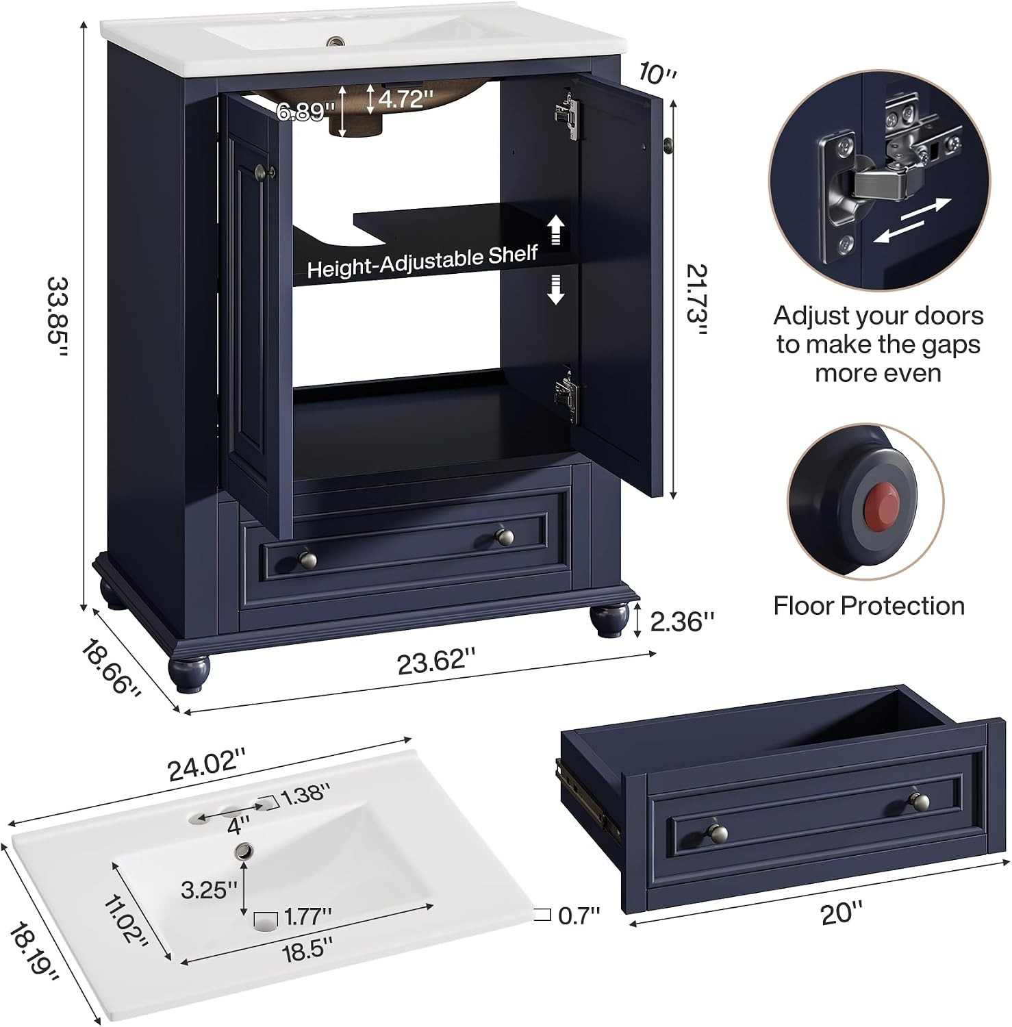 24″ Bathroom Vanity with Ceramic Sink Combo Navy Blue Cabinet w/ Doors & Drawer