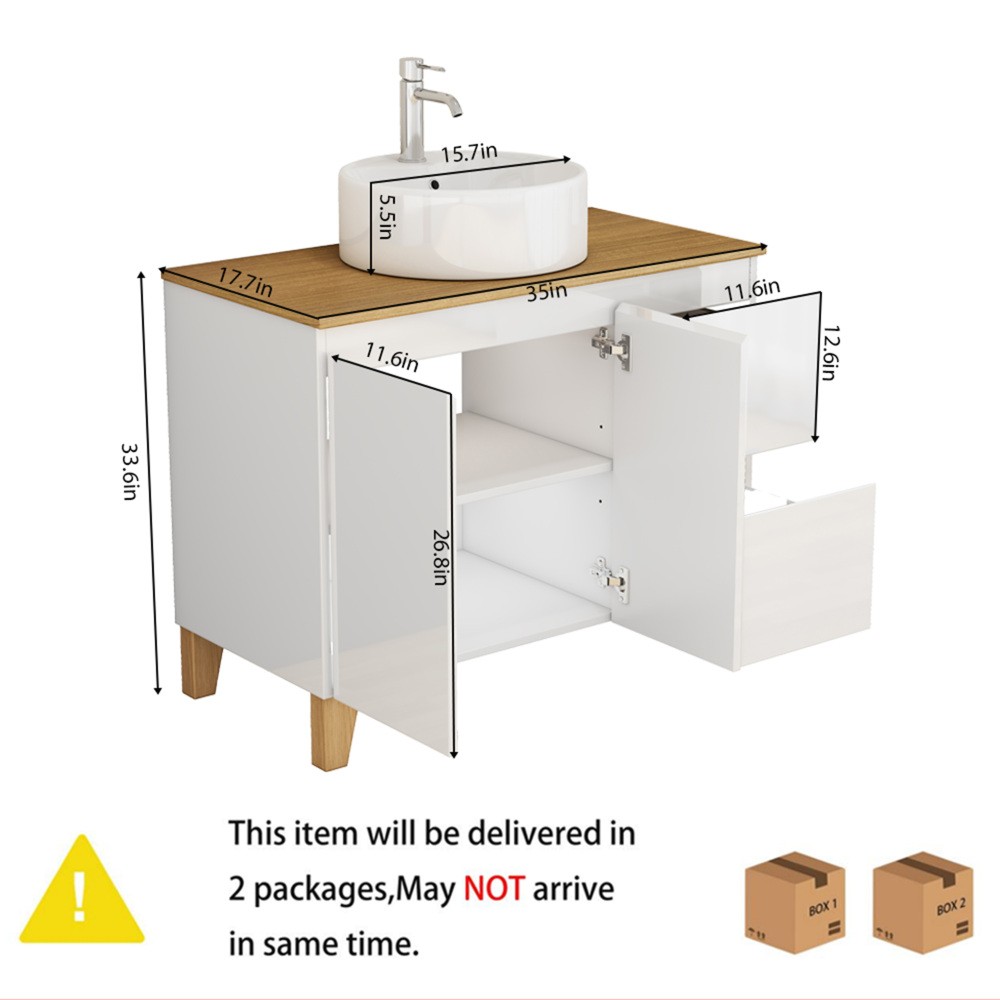 Bathroom cabinet with sink, double doors, and two drawers