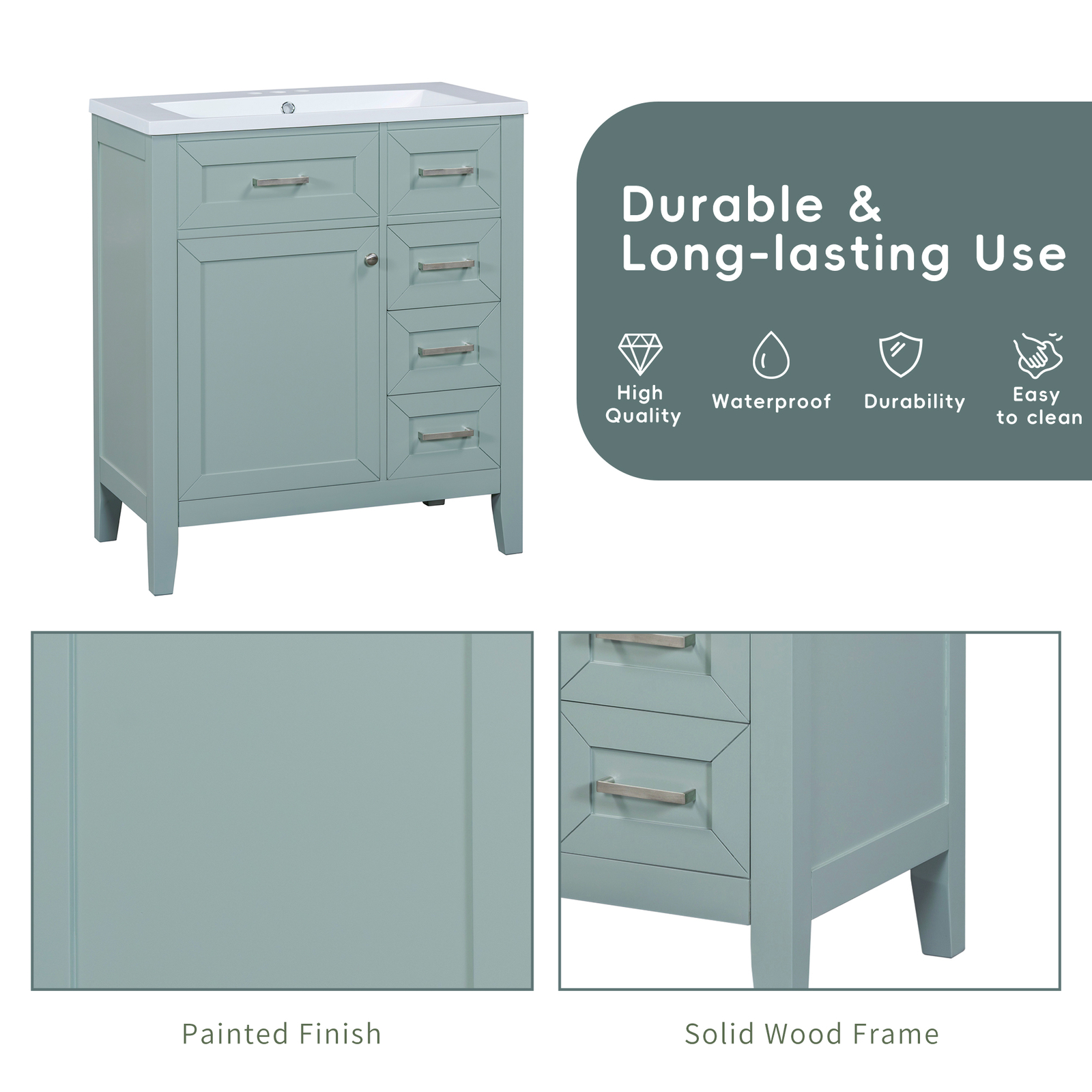 30″ Bathroom Vanity with Sink, Freestanding Vanity Storage Cabinet, 3 Drawers