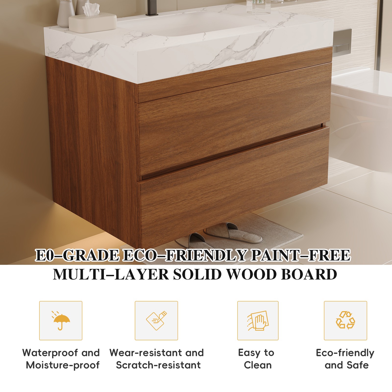 Floating Bathroom Vanity with Faux Marble Top and Ceramic Undermount Sink 29.9″
