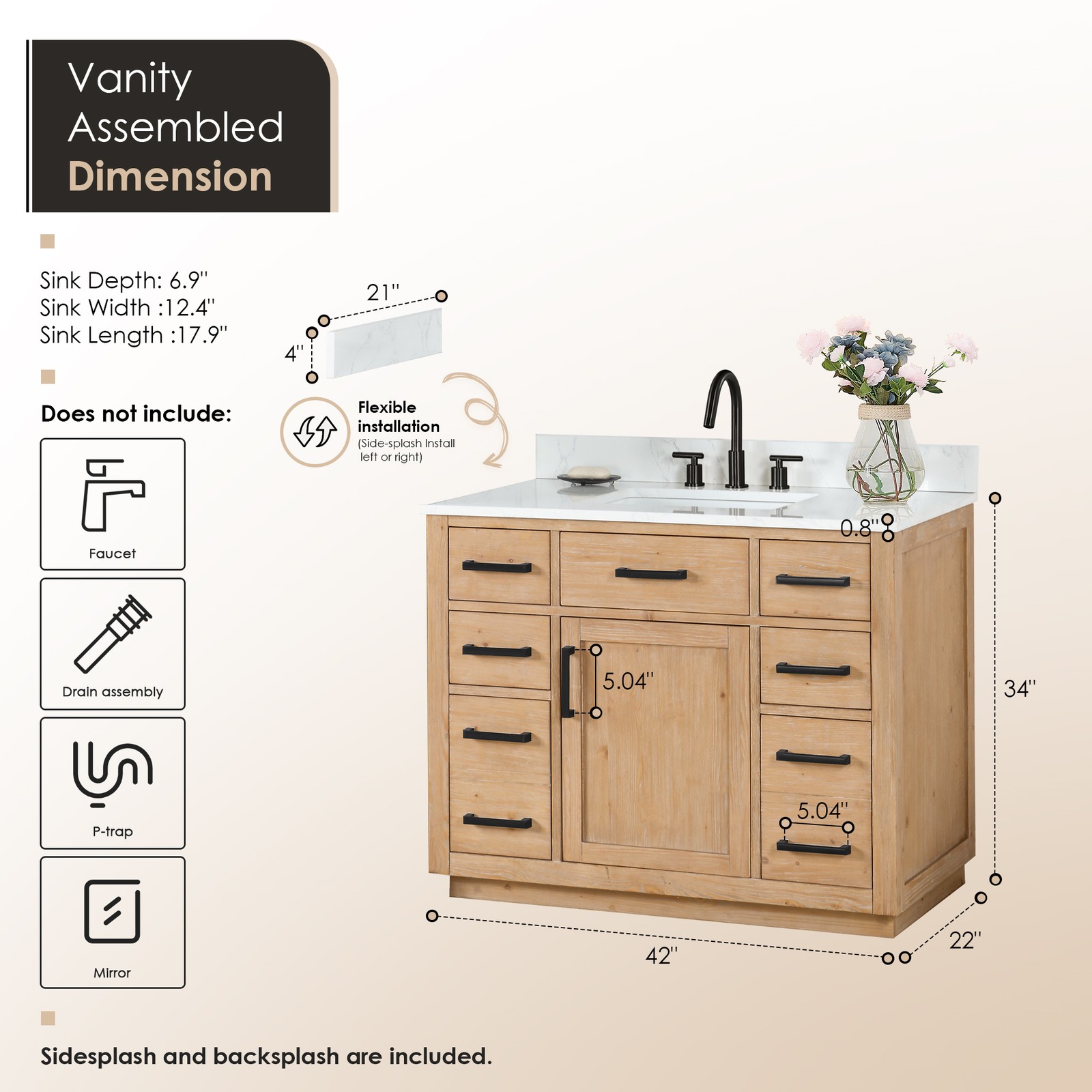 Gavino 42″ Wood Vanity in Light Brown with Composite Stone Top no Mirror