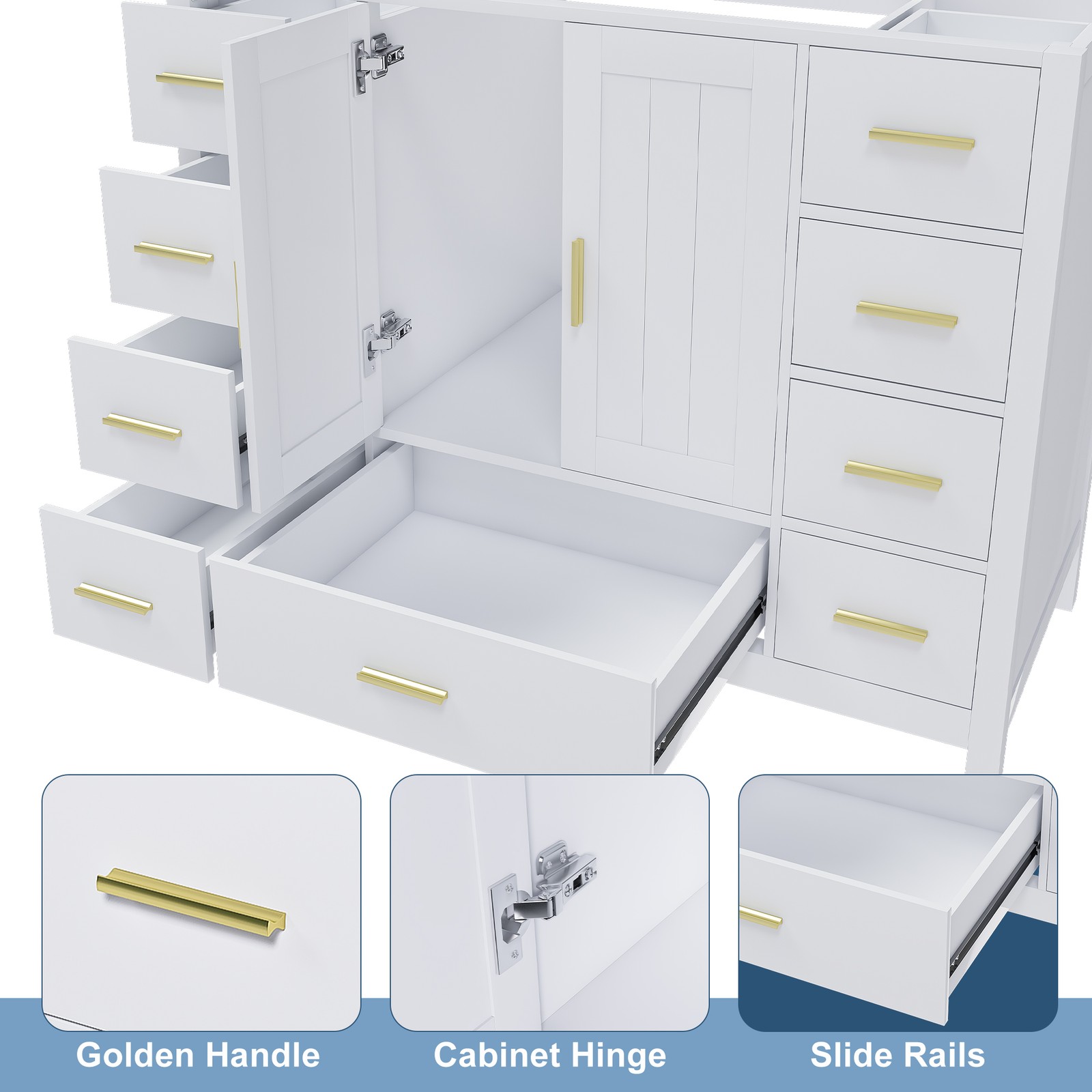 42″ Bathroom Vanity Base Cabinet 2 Doors 9 Drawers White
