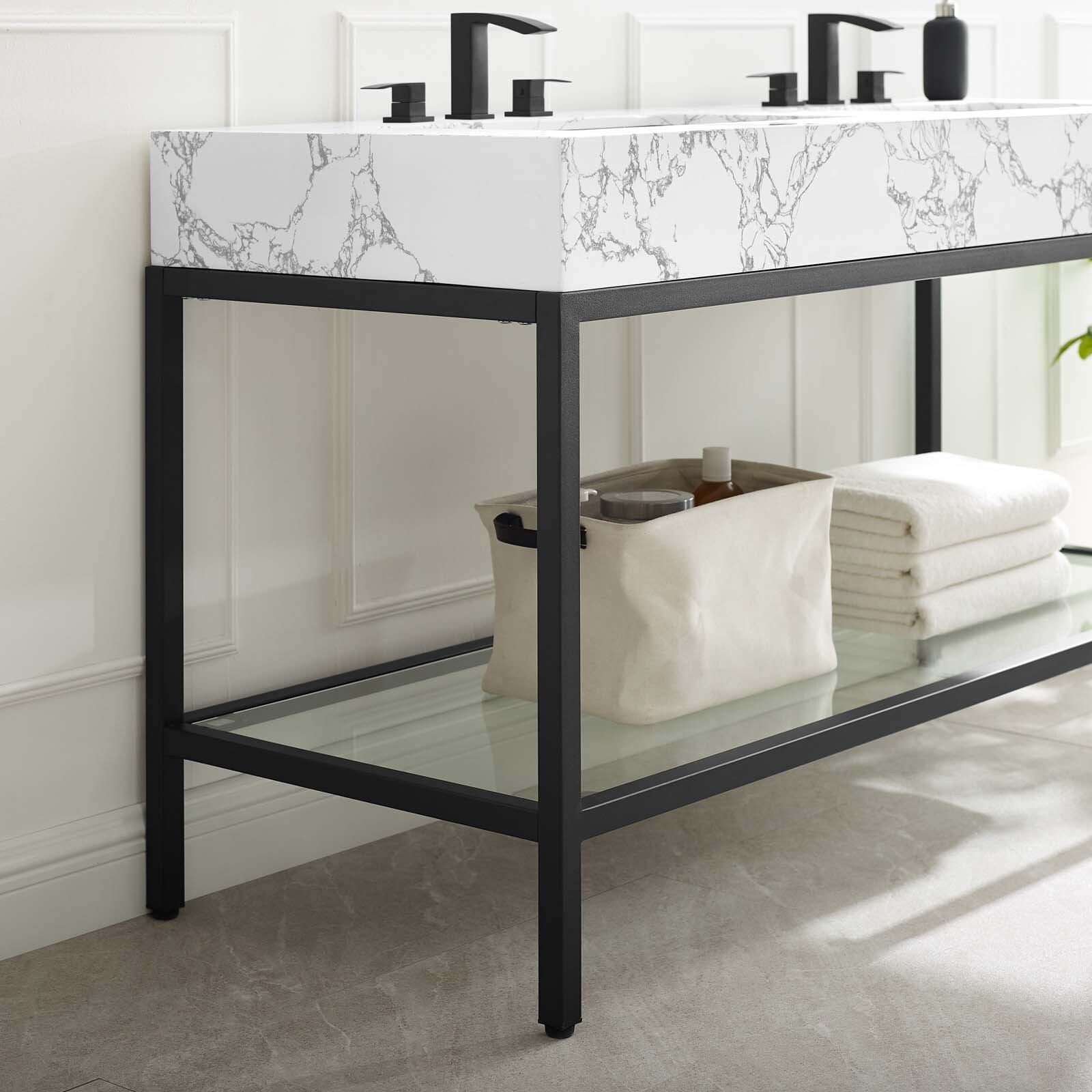 Modway Kingsley 60″ Black Stainless Steel Bathroom Vanity in Black White