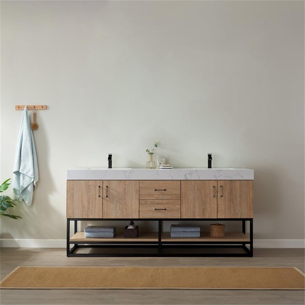 Pemberly Row 72″ White Stone Top Oak Double Vanity Black Frame w/o Mirror