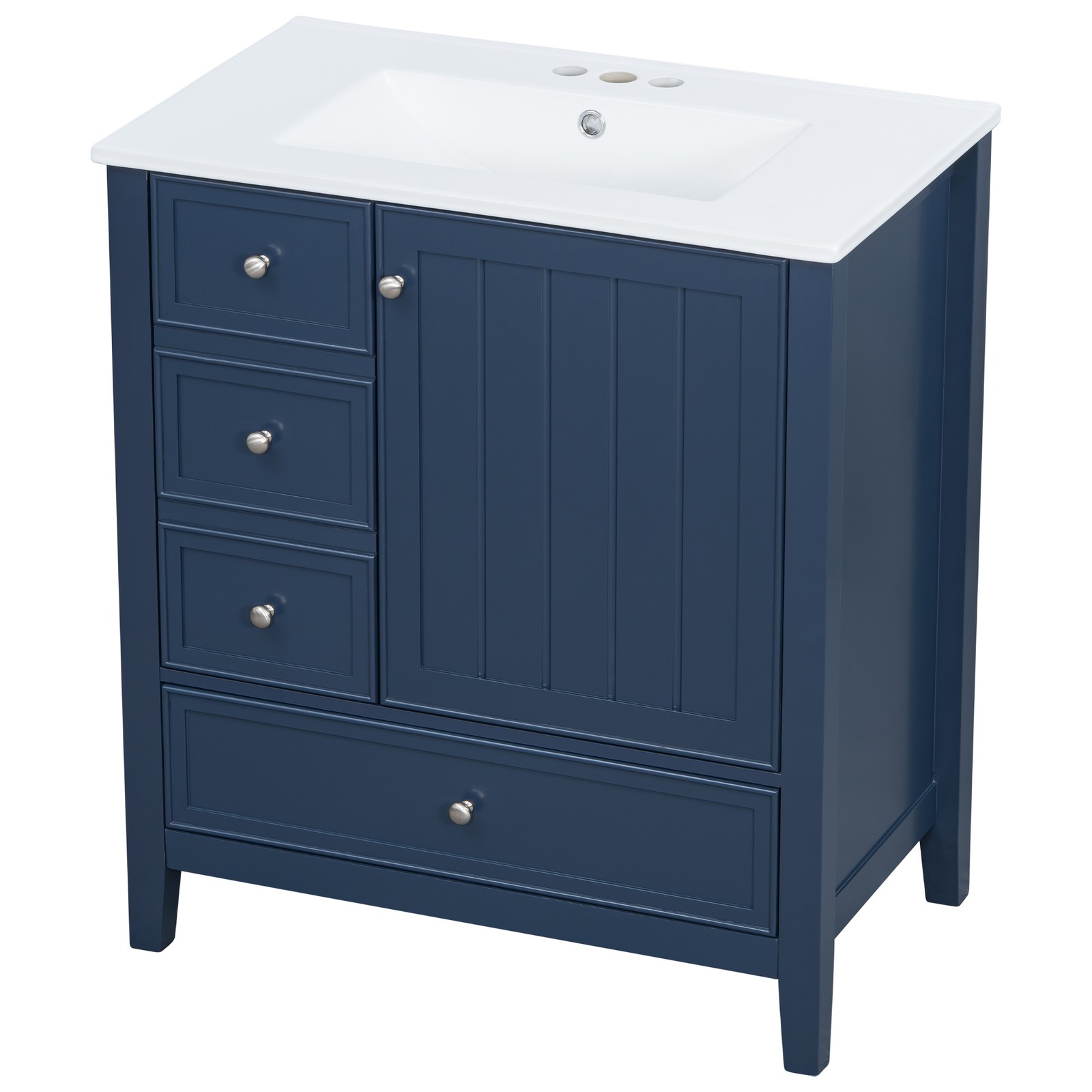 30″ Blue Bathroom Vanity with Sink, 1 Cabinet & 3 Drawers, Solid Wood & MDF