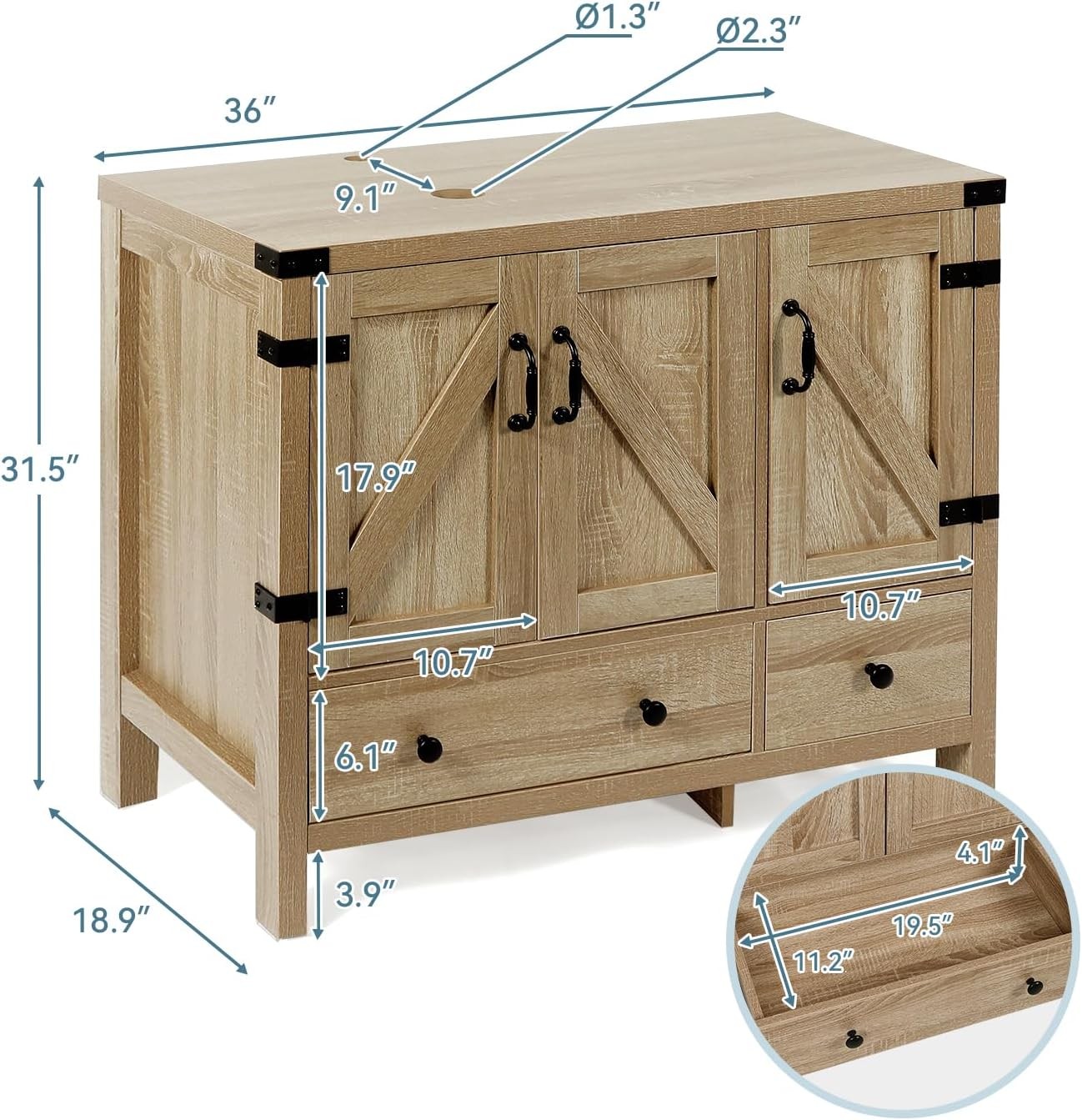 36-inch Natural Color Bathroom Vanity with Side Cabinet Rustic Fixture Standing
