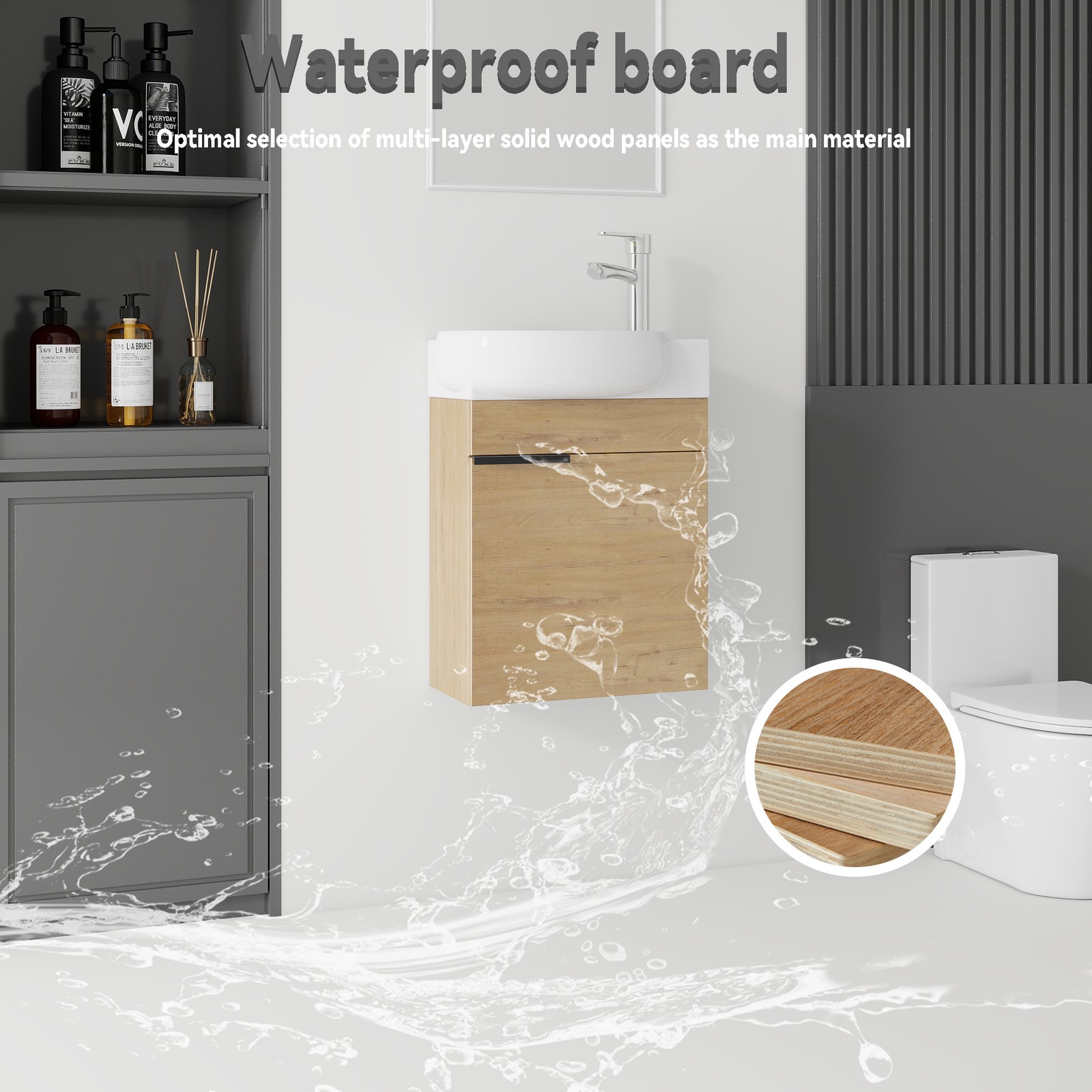 16″ Floating Bathroom Vanity Combo Wall Mounted Plywood Cabinet Oak