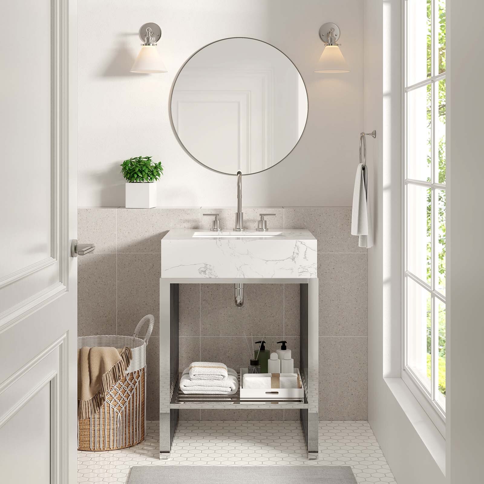 Modway Gridiron 24″ Bathroom Vanity in White Silver