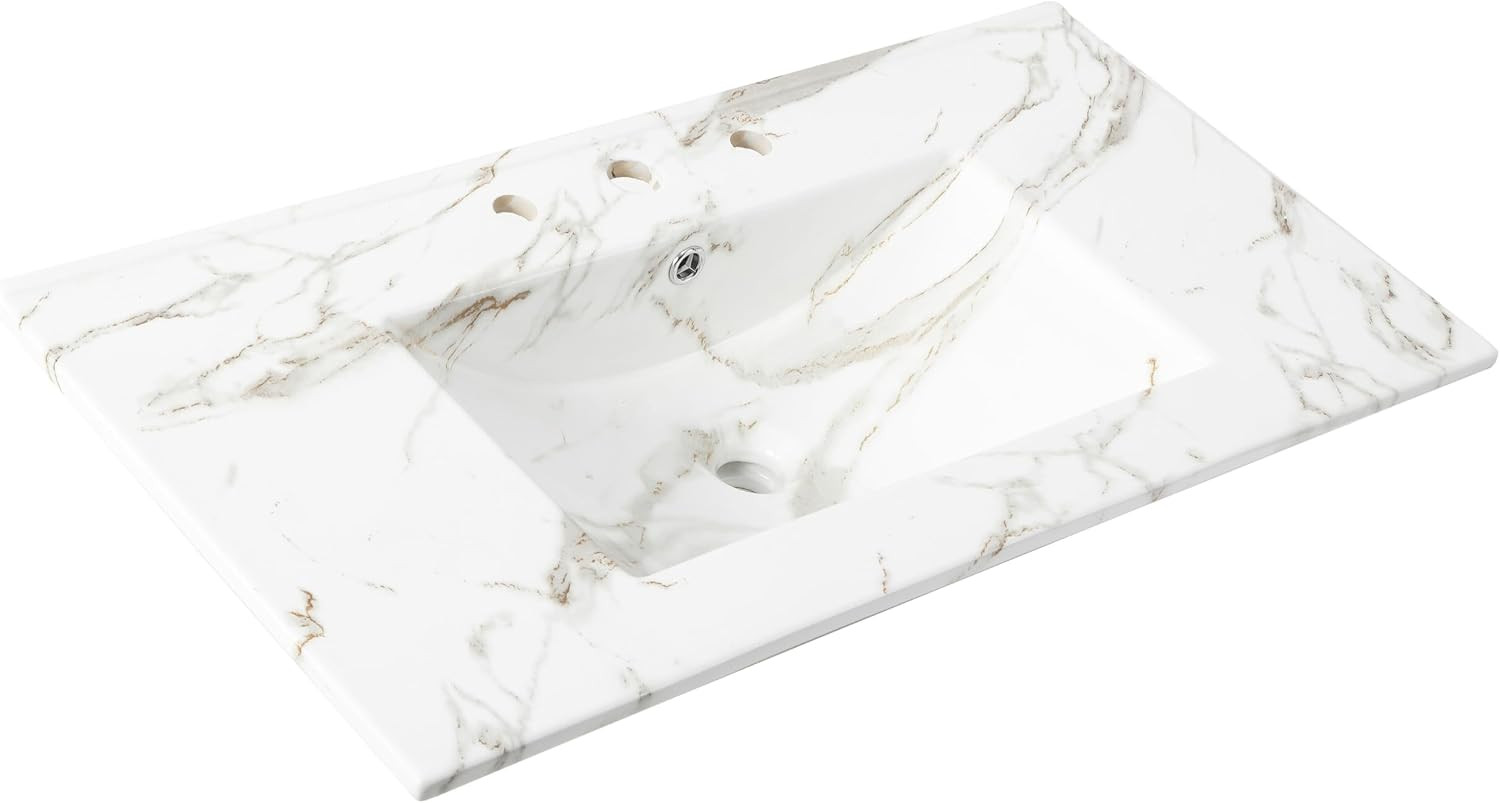 Ancillary 36″ Bathroom 3-Hole Sink Top, White | Ceramic Vanity, 18.25″ Rectangul