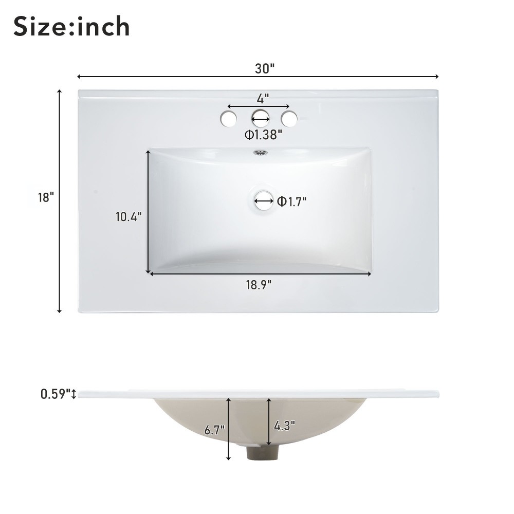 30″ Floor Standing Farmhouse Bathroom Vanity with Ceramic Sink, Metal Handles