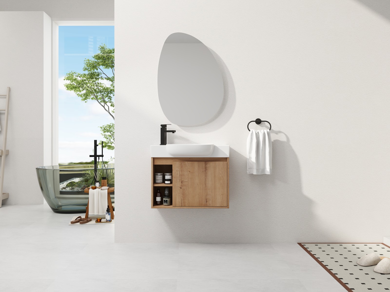 26in Plywood Freestanding Bathroom Vanity W/ Ceramic Sink Basin Door Shelf Oak