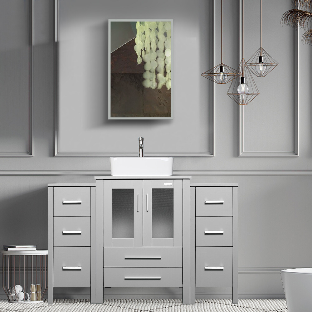 48″ Gray Bathroom Vanity Set Ceramic Vessel Sink w/ Faucet Combo No Mirror
