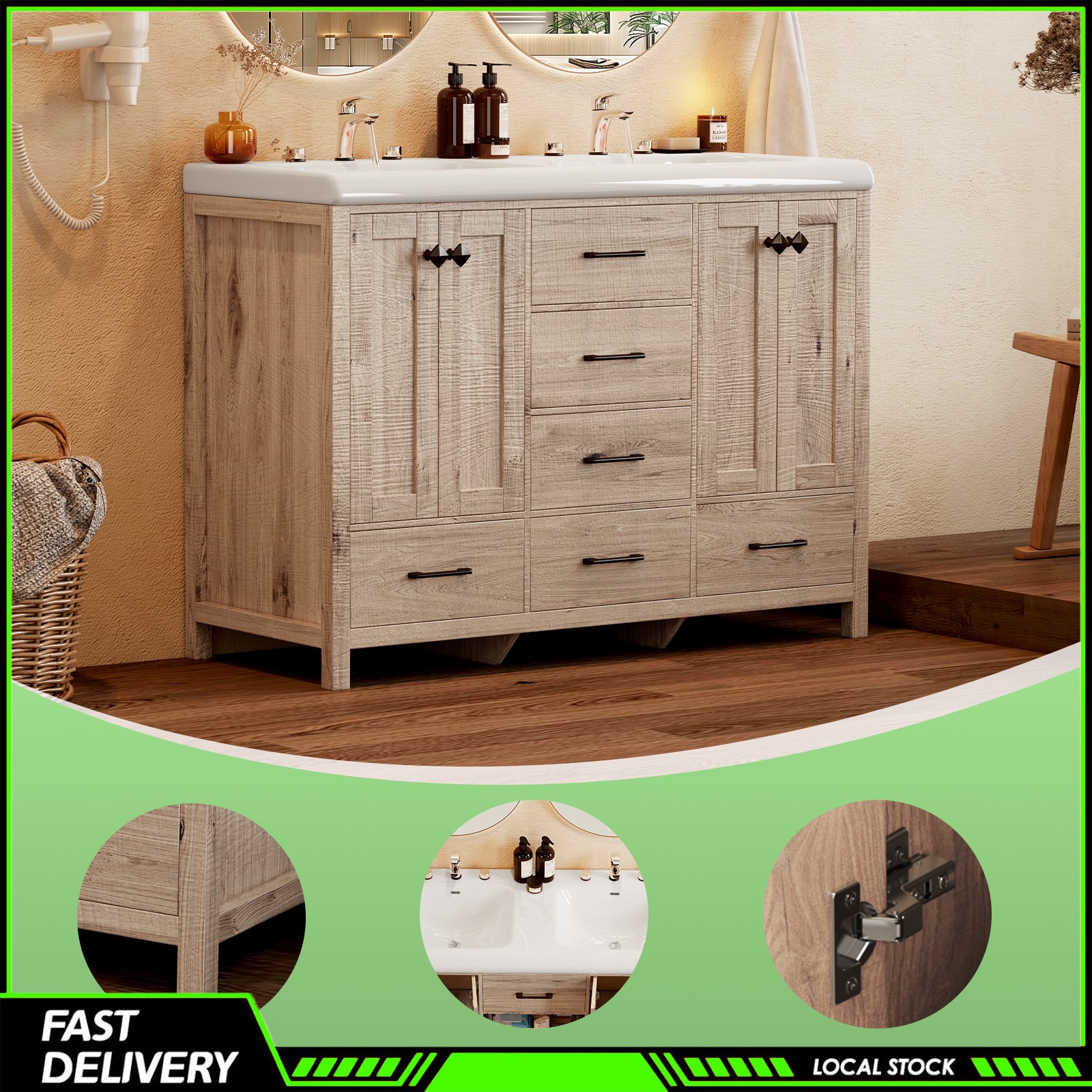 47 Inch Durable Bathroom Vanity Double Ceramic Sinks Cabinet with Doors &Drawers