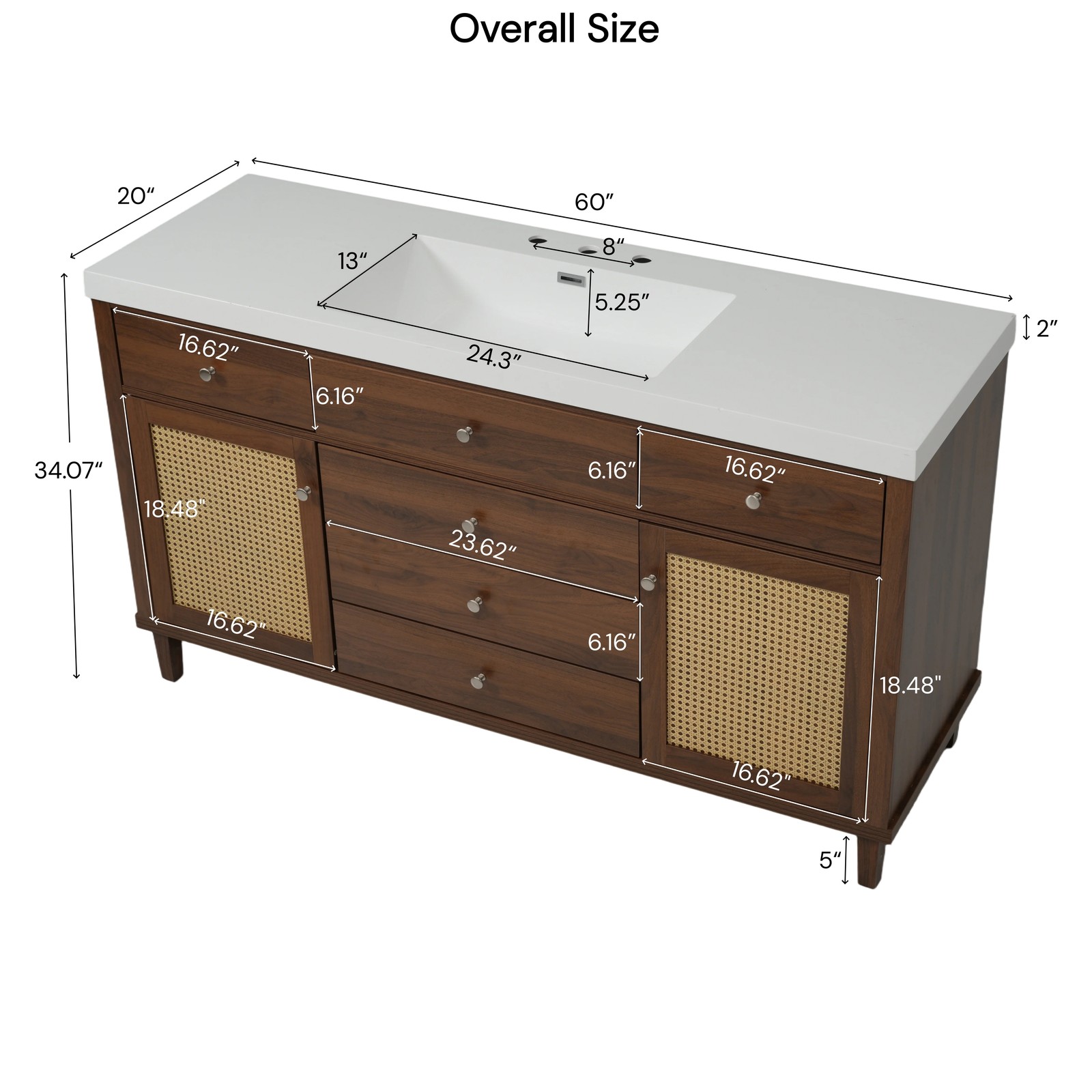 60 Inch Bathroom Vanity with SMC Sink, Rattan Doors, Soft Close Drawers