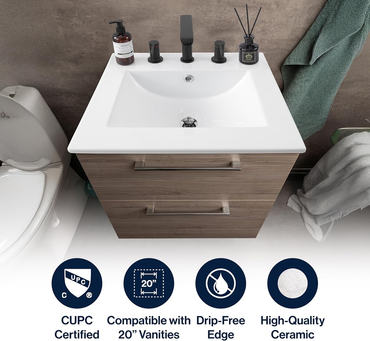 JONATHAN Y Ancillary 20 in. W x 18.25 in. D Ceramic Vanity Sink Top with 3-Hole